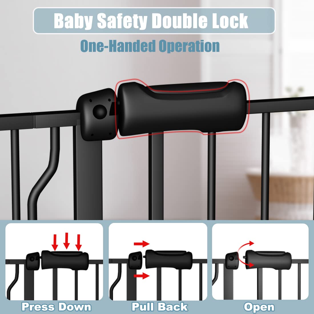 Extra Wide Baby Gate 57.5-62 Inch - No Drill Pressure Mounted Walk Through Dog Gate with Auto Close - Child & Pet Safety Gate for Doorways, Hallways, Stairs - Black