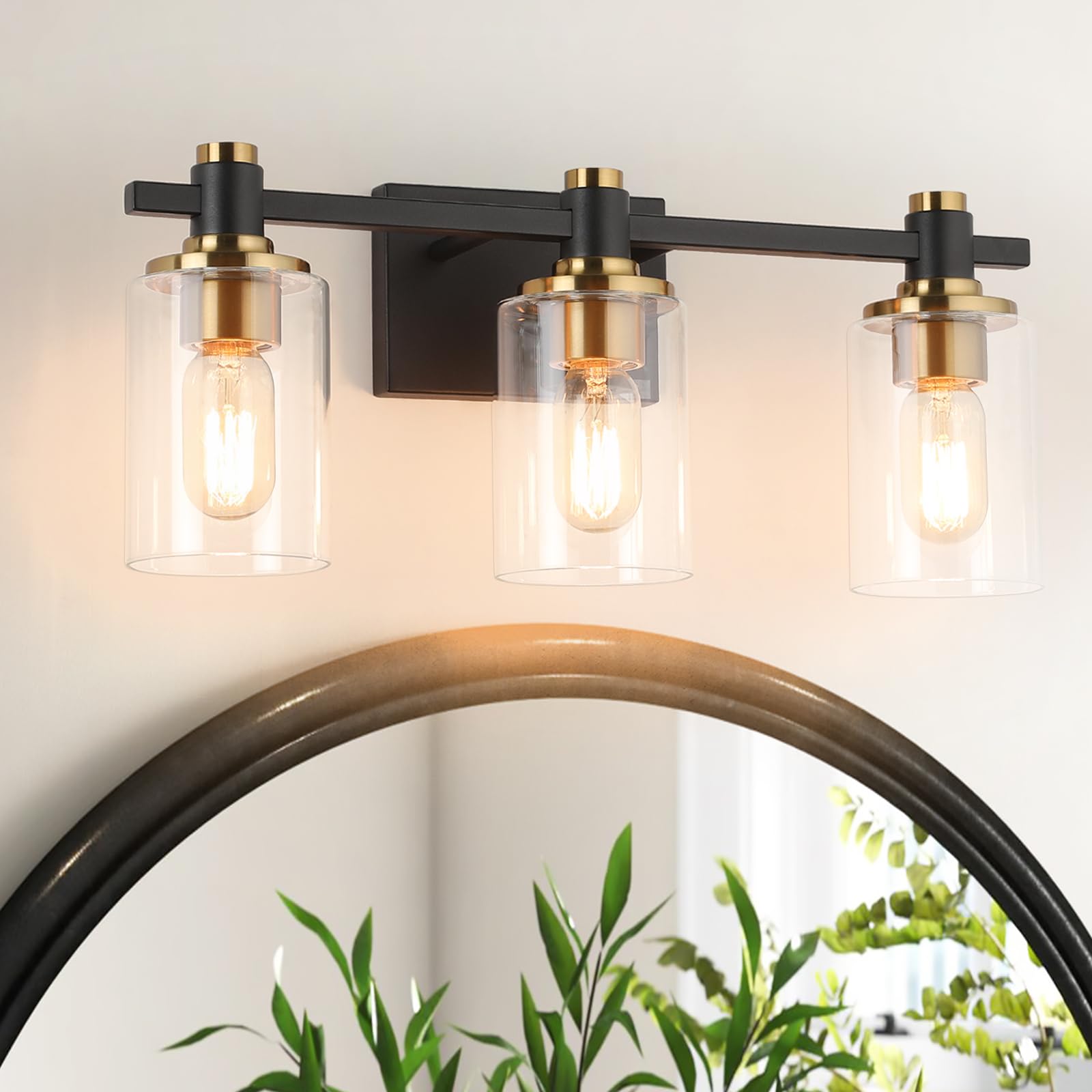 KELIDEN Modern 3-Light Vanity Bathroom Light Fixture - Brushed Gold & Black Vintage Wall Sconce with Glass Shades for Mirror Lighting (E26 Bulb Not Included) - Perfect for Bathroom, Powder Room, Dressing Room and Makeup Area