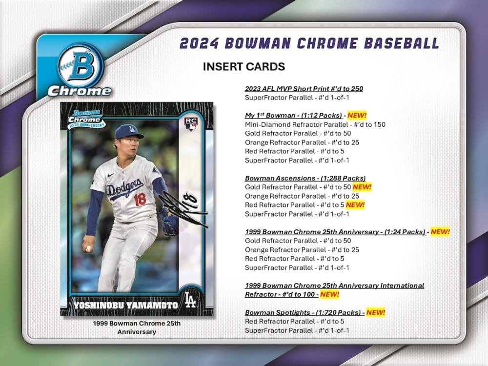 2024 Bowman Chrome Baseball Hobby Box - 12 Packs with Autograph & Rookie Cards - Collectible Trading Cards for MLB Fans & Sports Memorabilia Enthusiasts - Perfect for Gift Giving, Card Shows, and Fantasy Baseball Collections