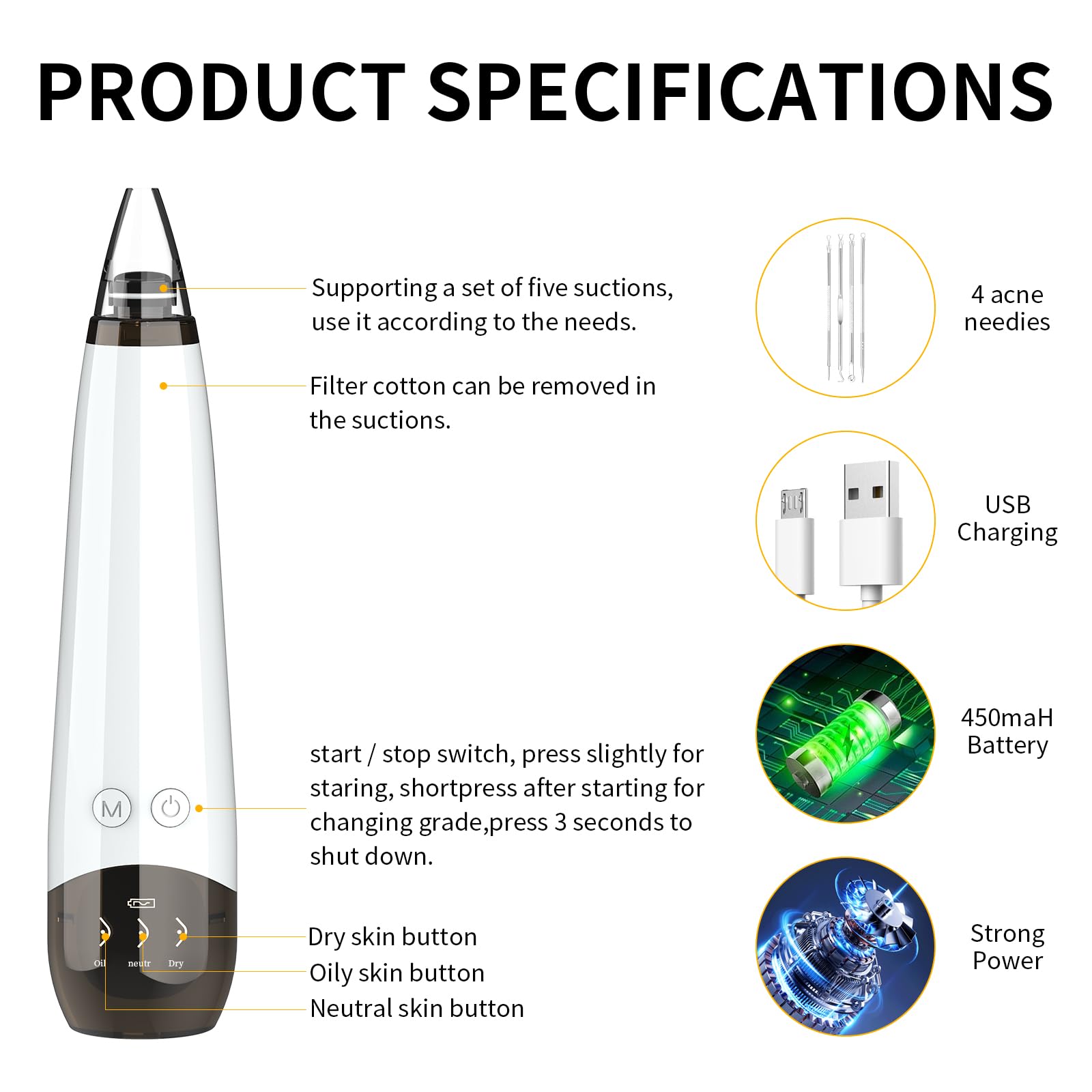Blackhead Remover Pore Vacuum Cleaner - 6 Probes & 3 Adjustable Suction Levels, USB Rechargeable Blackhead Extractor Kit for Acne Prone Skin, Electric Facial Pore Cleaner for Adults (Off White) - Perfect for Home Spa & Skincare Routine