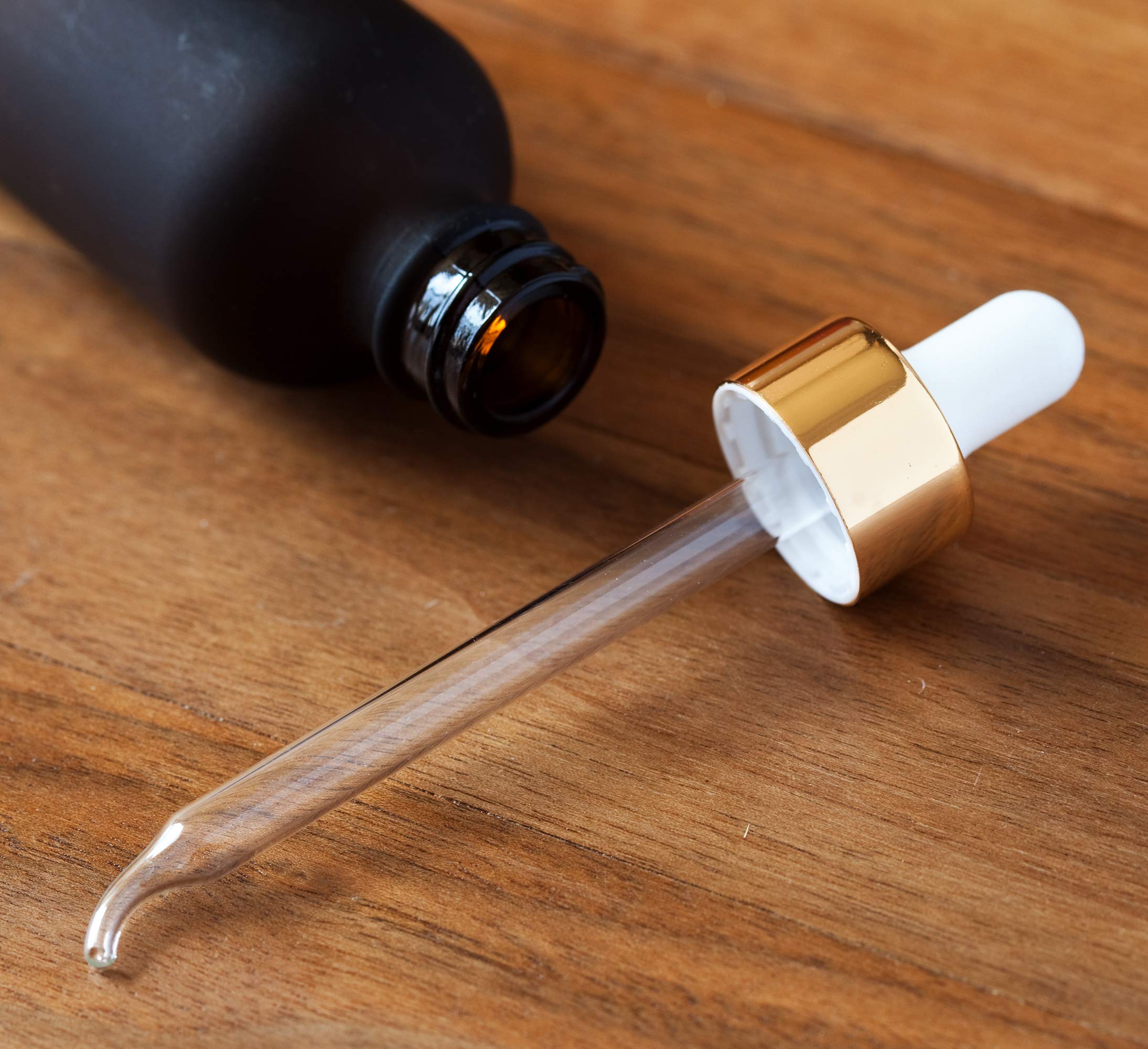 JUVITUS 2 oz Frosted Amber Glass Boston Round Bottle with Gold Metal & Glass Dropper - 12 Pack with Funnel - Perfect for Essential Oils, DIY Skincare & Herbal Tinctures