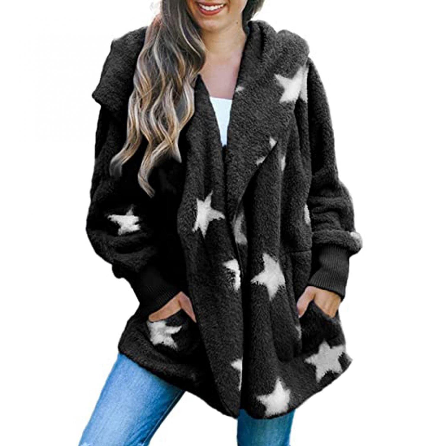 Women's Fleece Hooded Sweatshirt - Oversized Fuzzy Pullover with Star Pockets | Cozy Fluffy Hoodie for Winter | Perfect for Casual Wear, Lounging & Outdoor Activities