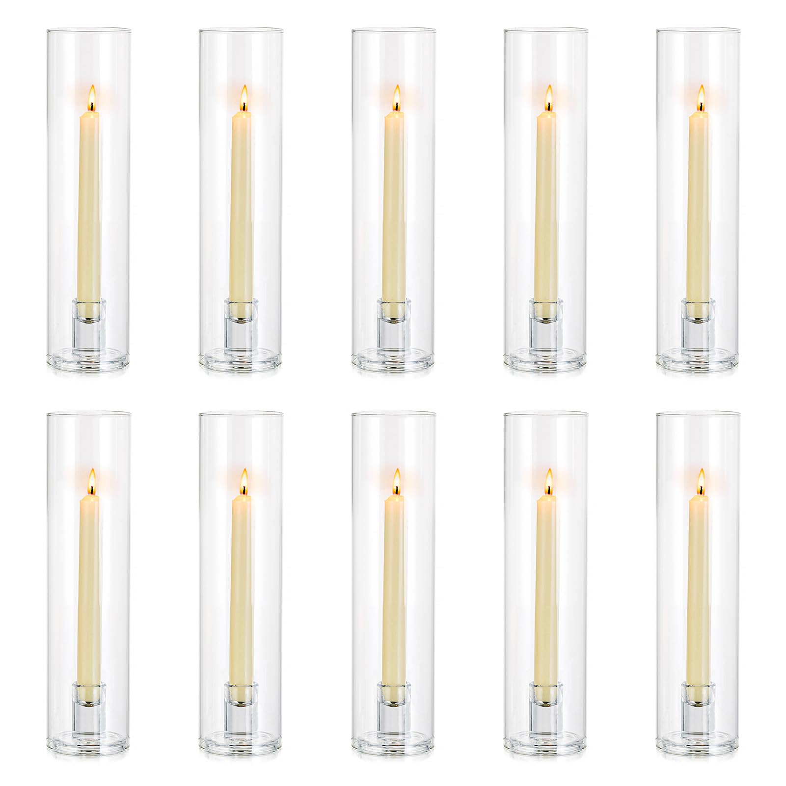 NUPTIO Glass Taper Candle Holders - 10 Pack Bulk Hurricane Candle Holders for Tapered Candles, Large Crystal Candlestick Stand with Cylinder Sleeves - Perfect for Wedding, Christmas, Birthday Party & Home Decor (Centerpieces, Table Settings, Fireplace Mantel)