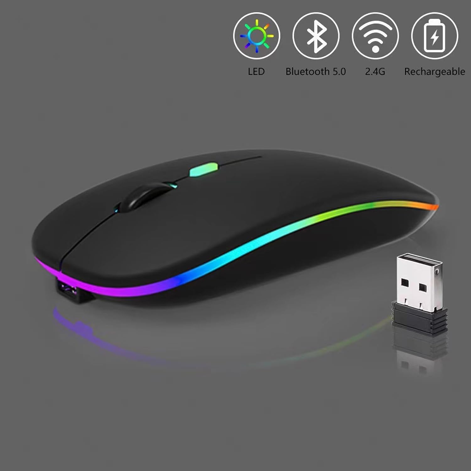 Wireless Bluetooth Mouse, Rechargeable Silent Slim Mouse with LED Indicator, Dual Mode (BT5.2 + USB Receiver) for Laptop, Desktop, iPad, Tablet, Phone & TV - Perfect for Office, Home & Travel Use (Black)