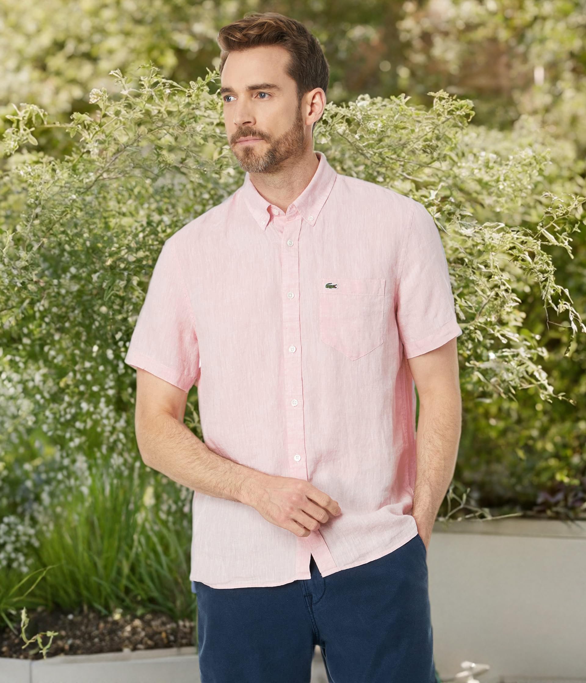 Lacoste Men's Short Sleeve Linen Button Down Shirt - Classic Regular Fit with Front Pocket - Perfect for Casual Wear, Summer Outfits & Office Attire