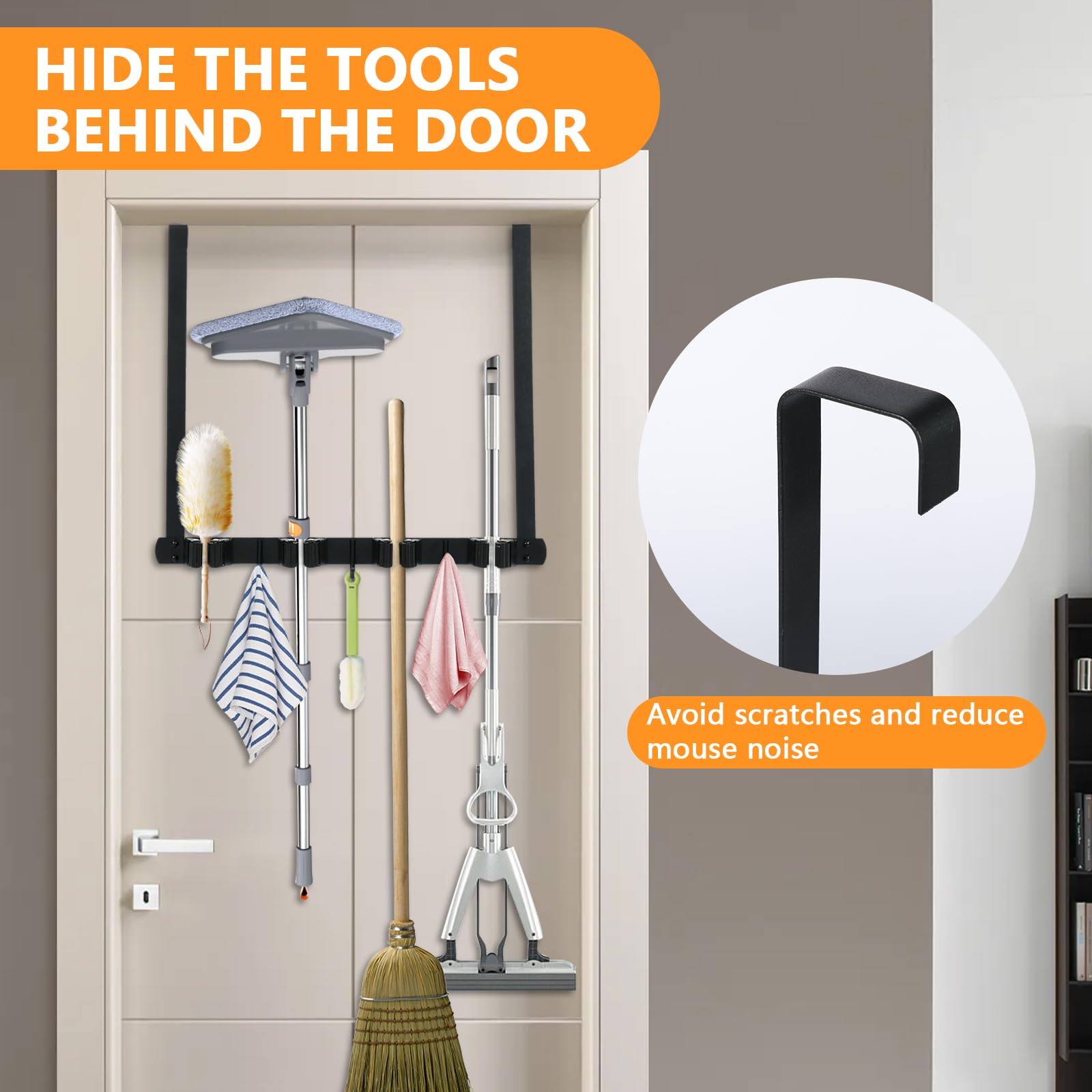 Stainless Steel Broom Holder - Over The Door or Wall Mount Mop & Broom Organizer with 2 Hooks for Closet, Garage, Laundry Room - Space Saving Storage Solution for Cleaning Tools