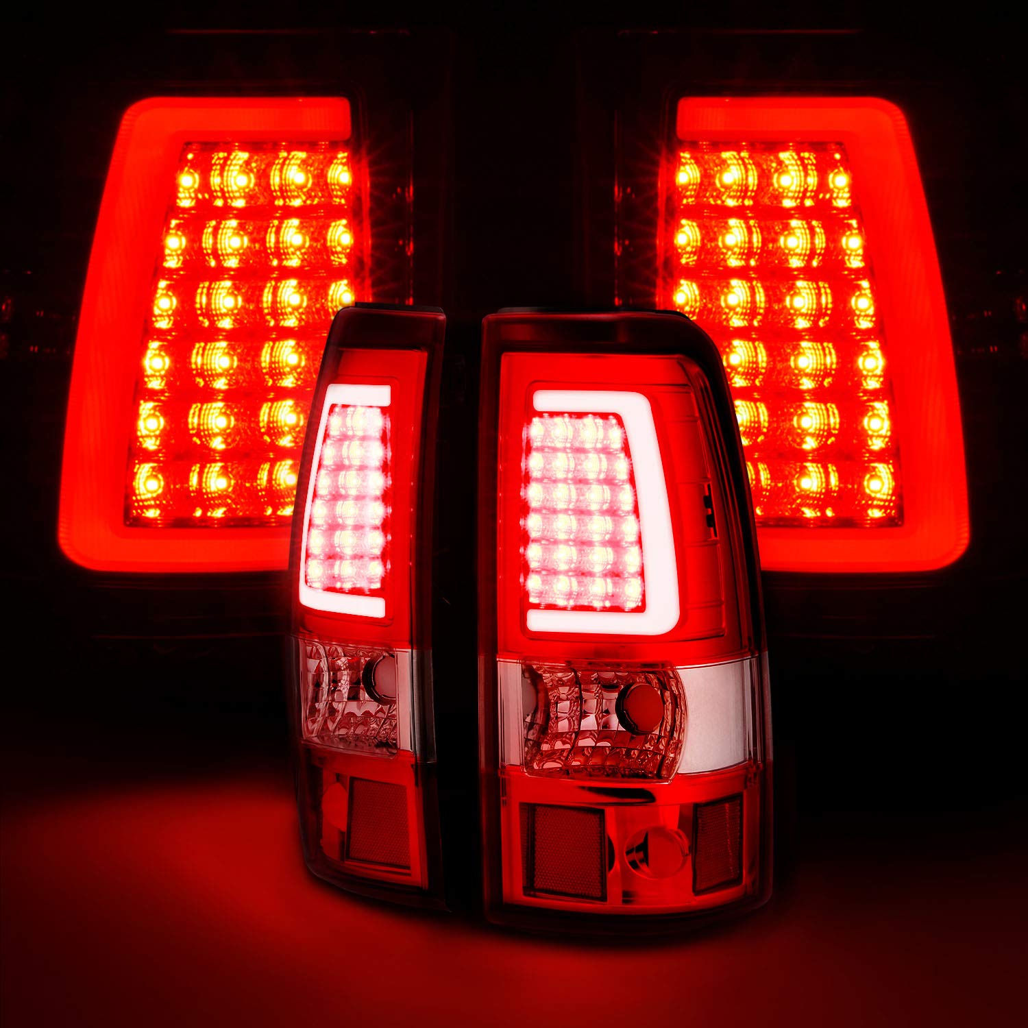 AmeriLite LED Tail Lights for 1999-2006 GMC Sierra & 1999-2002 Chevy Silverado - Ruby Red C-Type Replacement Brake Lamps (Pair) - Left & Right Side - Enhanced Night Visibility & Style Upgrade for Pickup Trucks