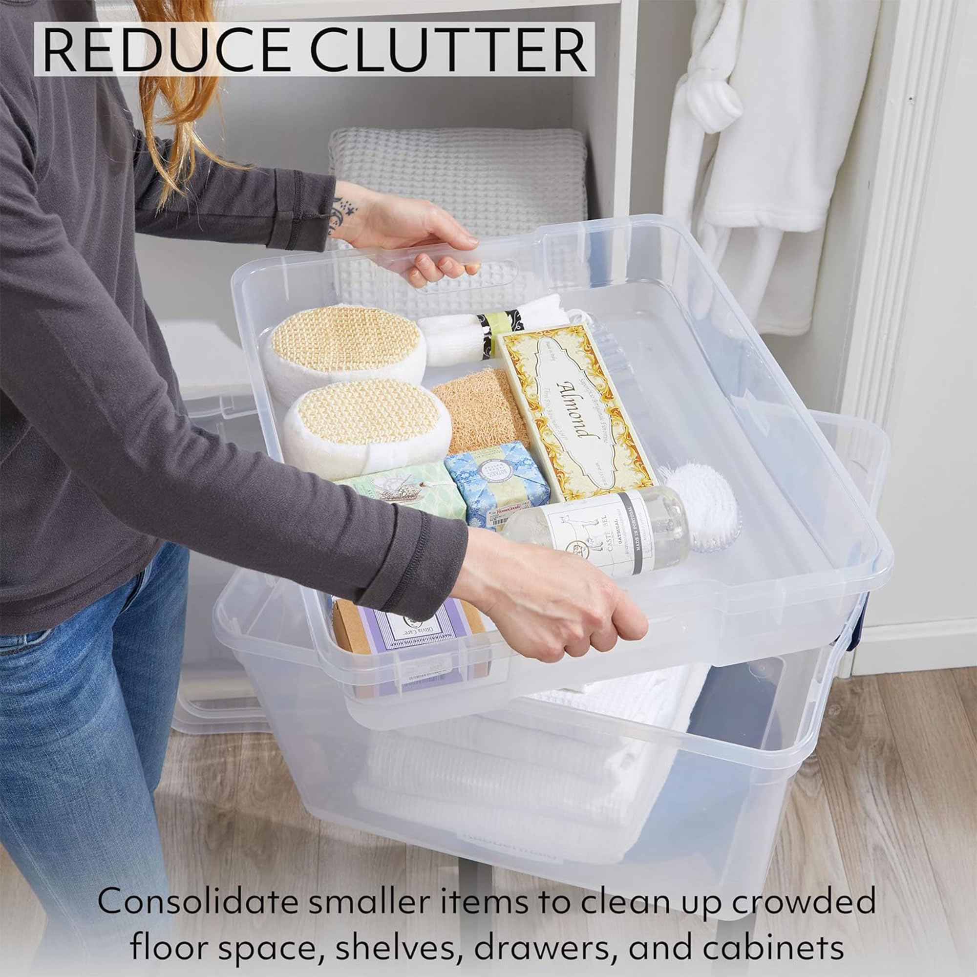 Rubbermaid Cleverstore 74 Qt Clear Plastic Storage Bins with Secure Latching Lids & Nesting Trays - 4-Pack Stackable Organizer Containers, BPA-Free, Made in USA - Perfect for Home, Office, Garage & Closet Organization