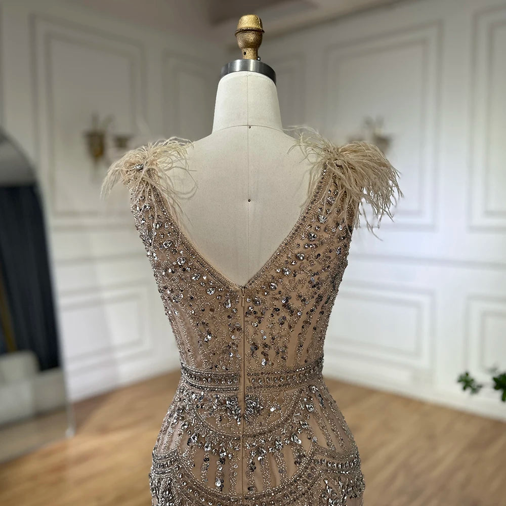 Elegant Dubai Arabic Blue Beaded Feather Mermaid Evening Gown for Women - Formal Occasion Long Dress LA72742 | Perfect for Weddings, Galas, and Red Carpet Events
