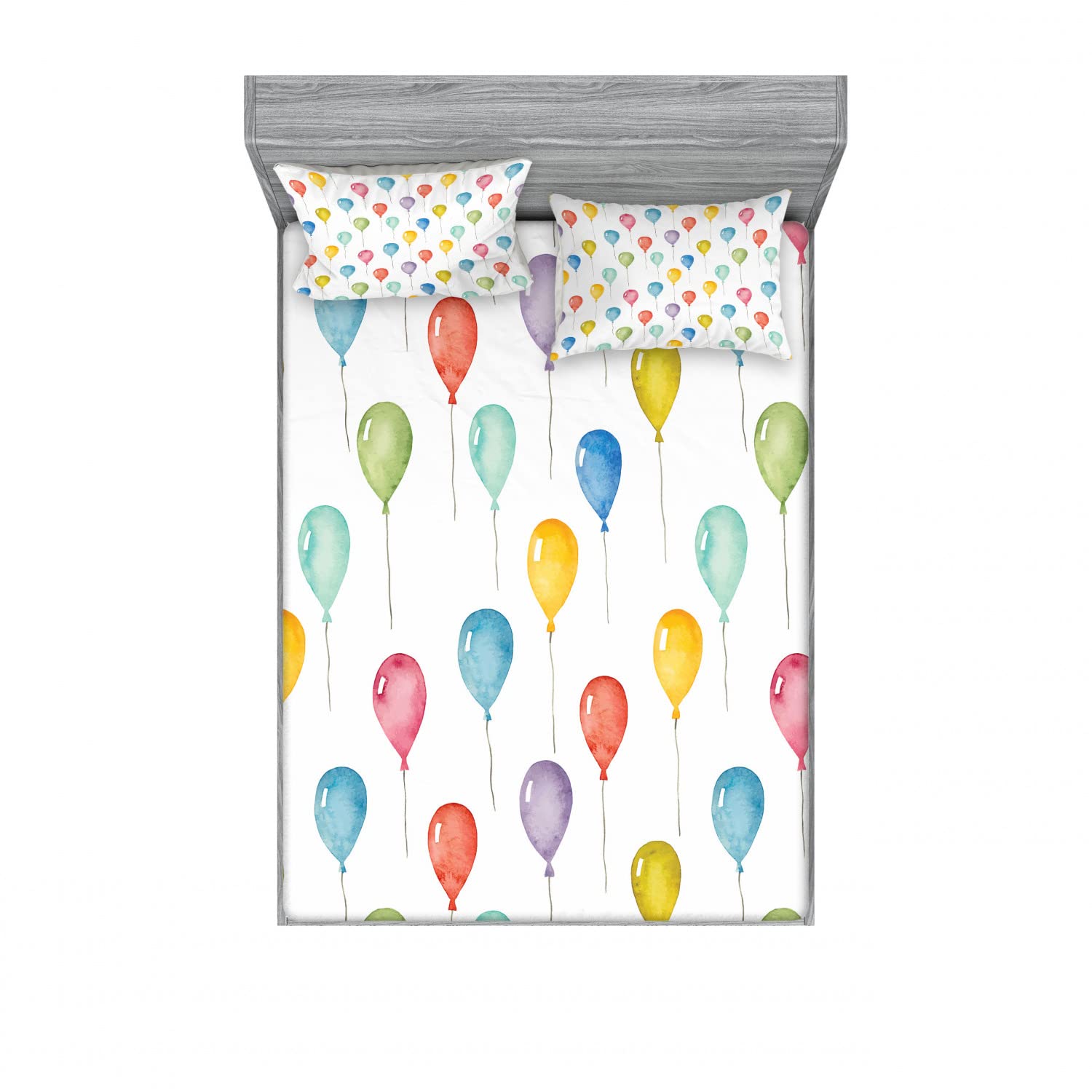 Ambesonne 2-Pack Queen Size Fitted Sheet & Pillow Sham Set - Colorful Festive Balloon Pattern Bedding Decor (4-Piece Set) | Soft Microfiber Sheets for Kids Room, Guest Bedroom & Holiday Themed Decorations