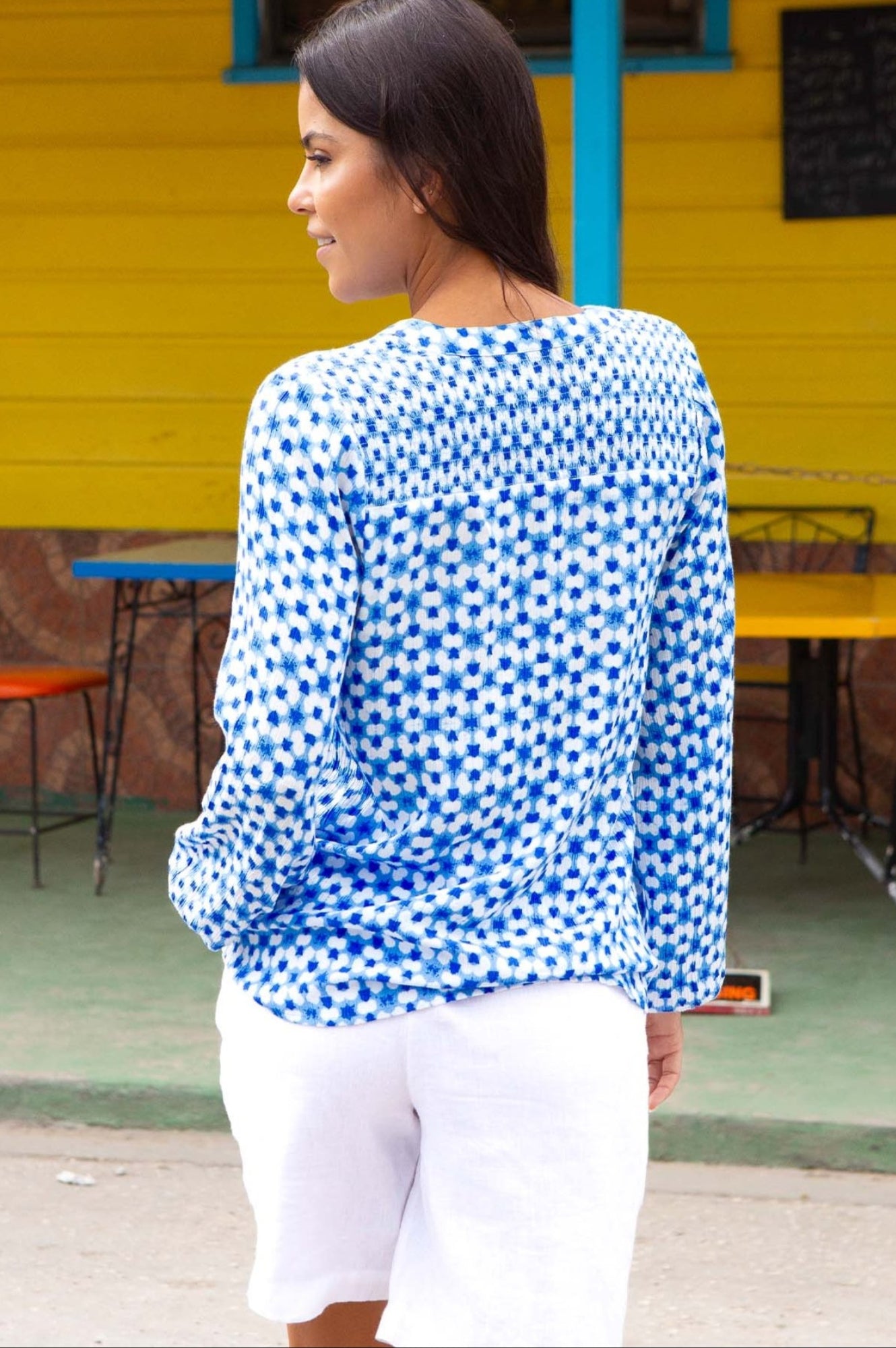 Clea Blouse | Maui Blue & White Floral Print Women's Top | Perfect for Beach Vacations & Summer Outfits