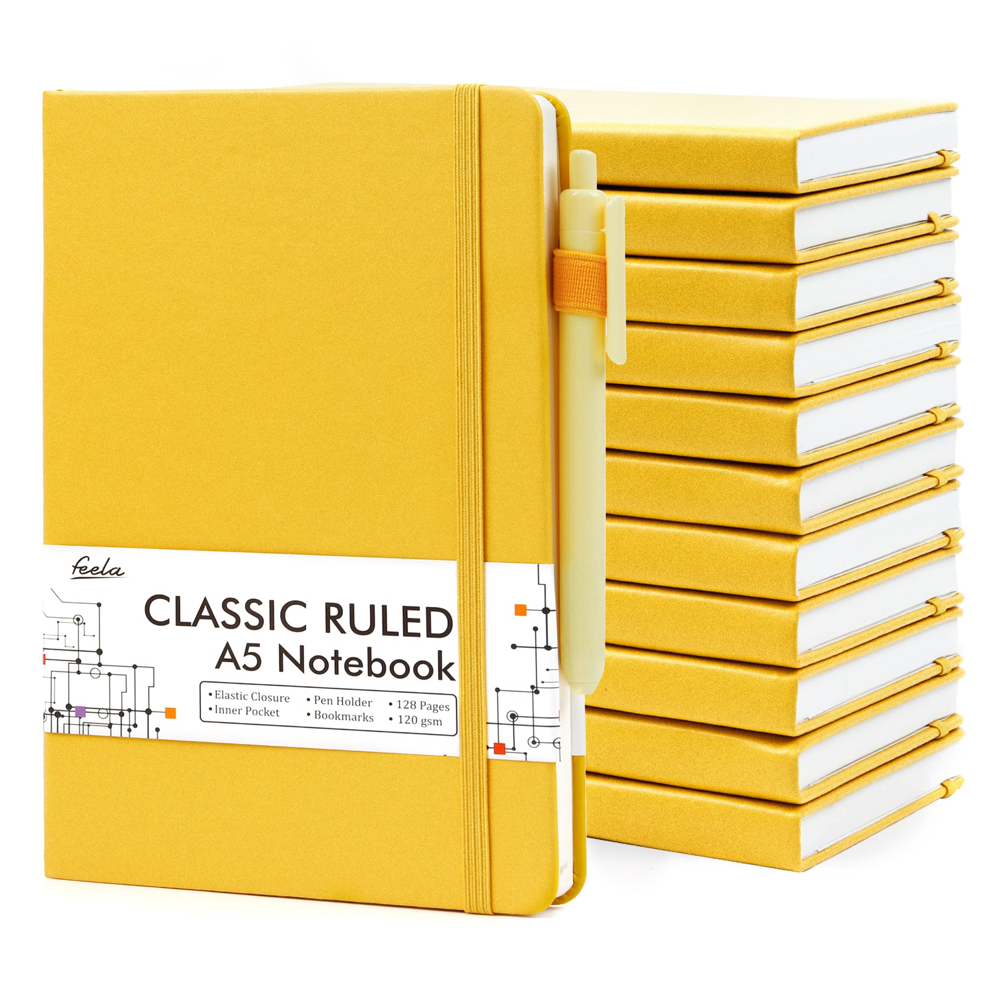 12-Pack A5 Hardcover Notebooks & Journals Bulk Set with 12 Black Pens - 120 GSM Ruled Paper, 5.1