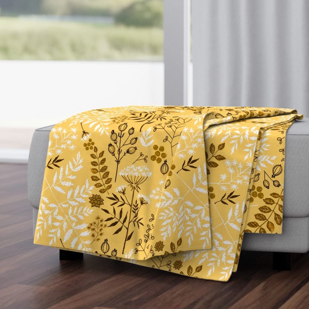 Soft Plush Minky Throw Blanket 50x70 Inches - Vintage Floral Block Print with Yellow, White Flowers & Brown Leaves | Cozy Home Decor, Bedroom Accent, Sofa Throw, Gift Idea