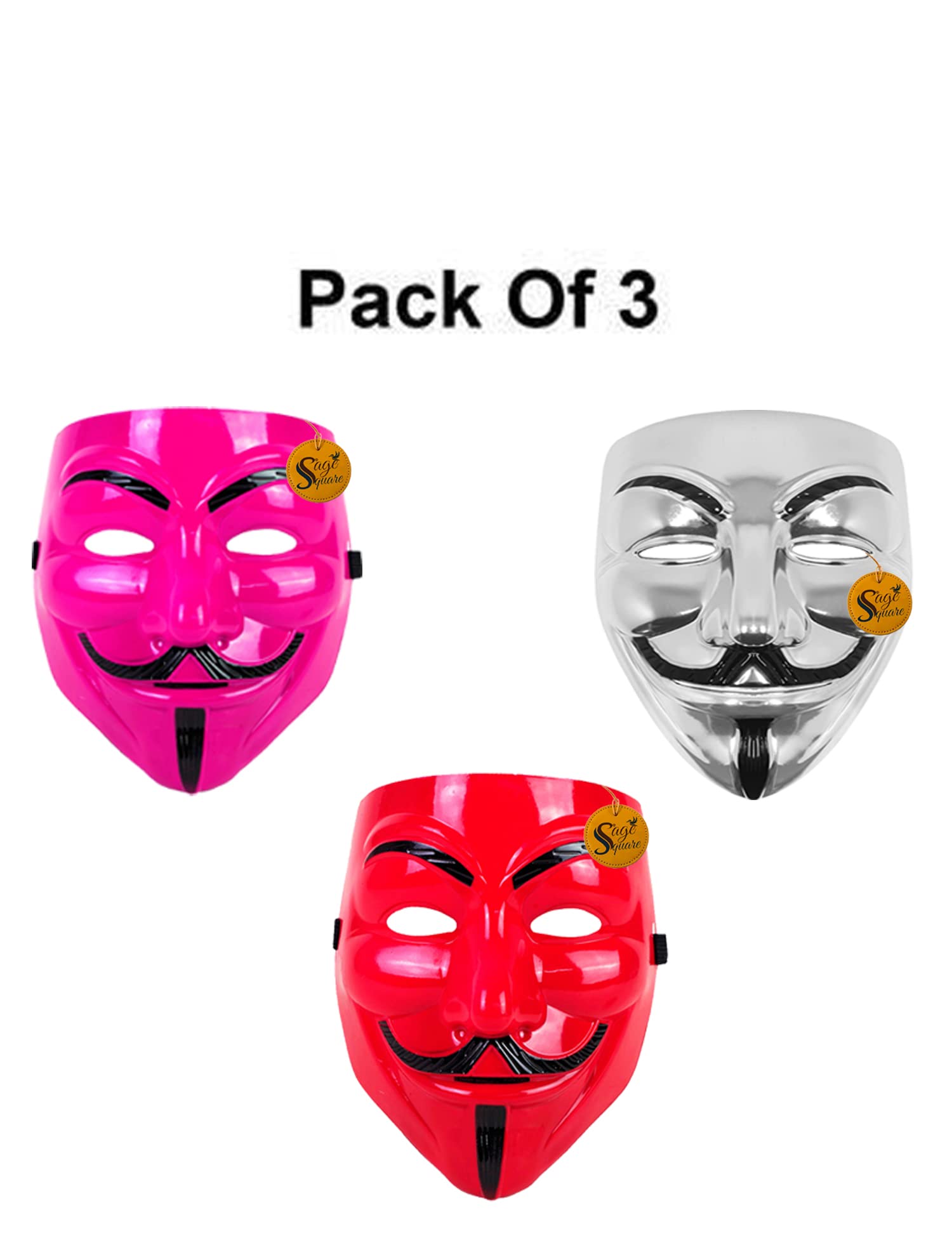 V for Vendetta Anonymous VIP Edition Face Mask - Sage Square Pink, Red & Silver Fawkes Mask Set of 3 | Perfect Fit Cosplay & Halloween Costume Accessory | Protest, Themed Parties & Movie Events