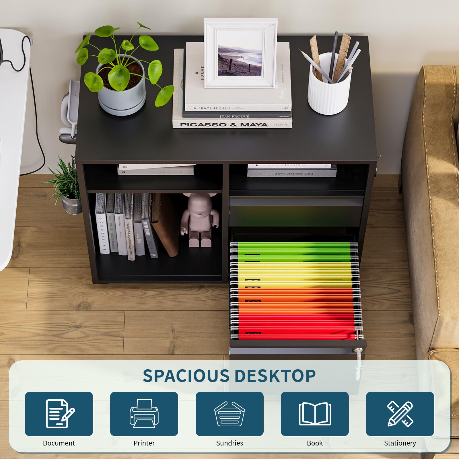 MIIIKO 2 Drawer Mobile File Cabinet with Open Storage Shelves & Lock - Rolling Home Office Organizer for A4, Letter Size Folders & Printer Stand - Perfect for Small Spaces & Office Storage Solutions