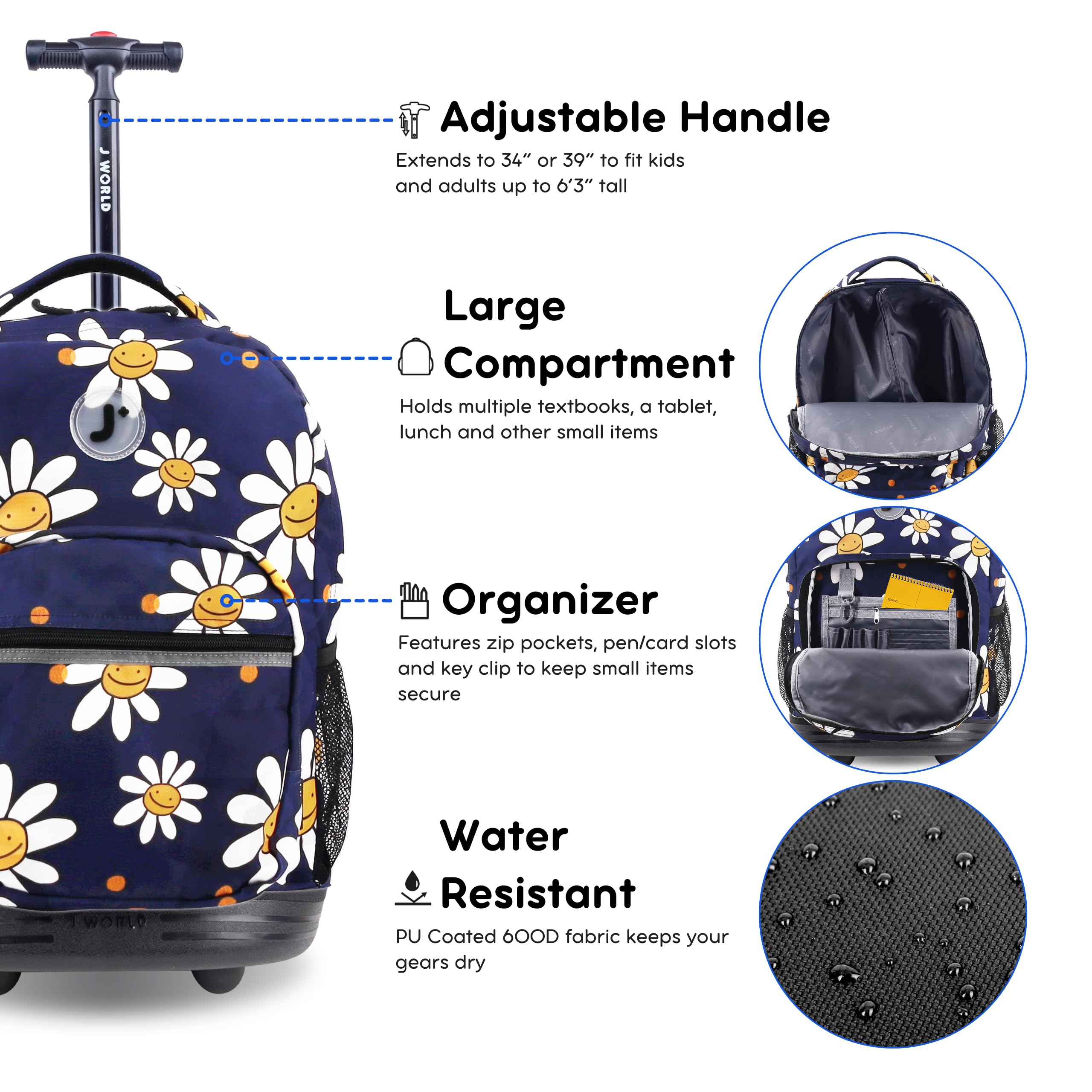 J World New York Sunrise Kids Rolling Backpack - 18 Inch Wheeled Bookbag for Girls & Boys, Teens School Backpack with Wheels - Perfect for School, Travel, and Daily Use (Joy Daisy Design)