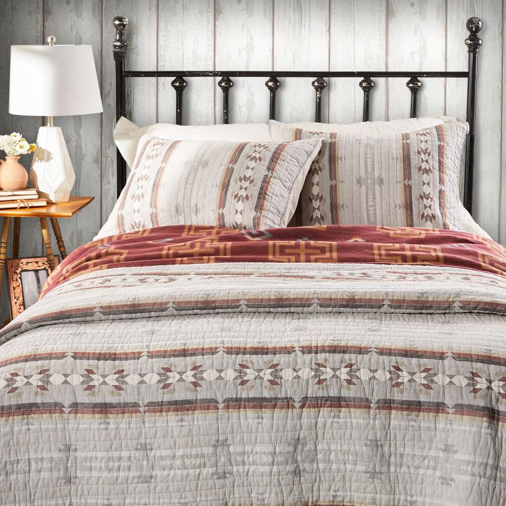 Southwest Style Full/Queen Quilt - 88x92 Inch Neutral Gray Taupe Beige Red Cotton Bedspread with Linen Texture | Perfect for Southwestern Decor, Guest Bedrooms & Cozy Farmhouse Style