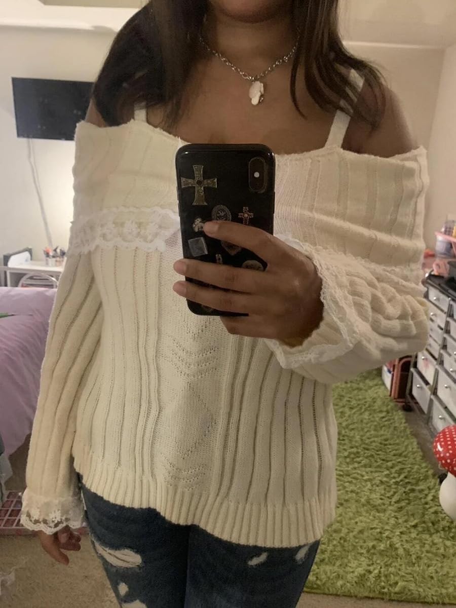 Y2K Women's Off Shoulder Knit Sweater Long Sleeve Lace Trim Pullover Top - Cute Aesthetic Fashion for Casual Outings, Date Nights & Instagram Photos