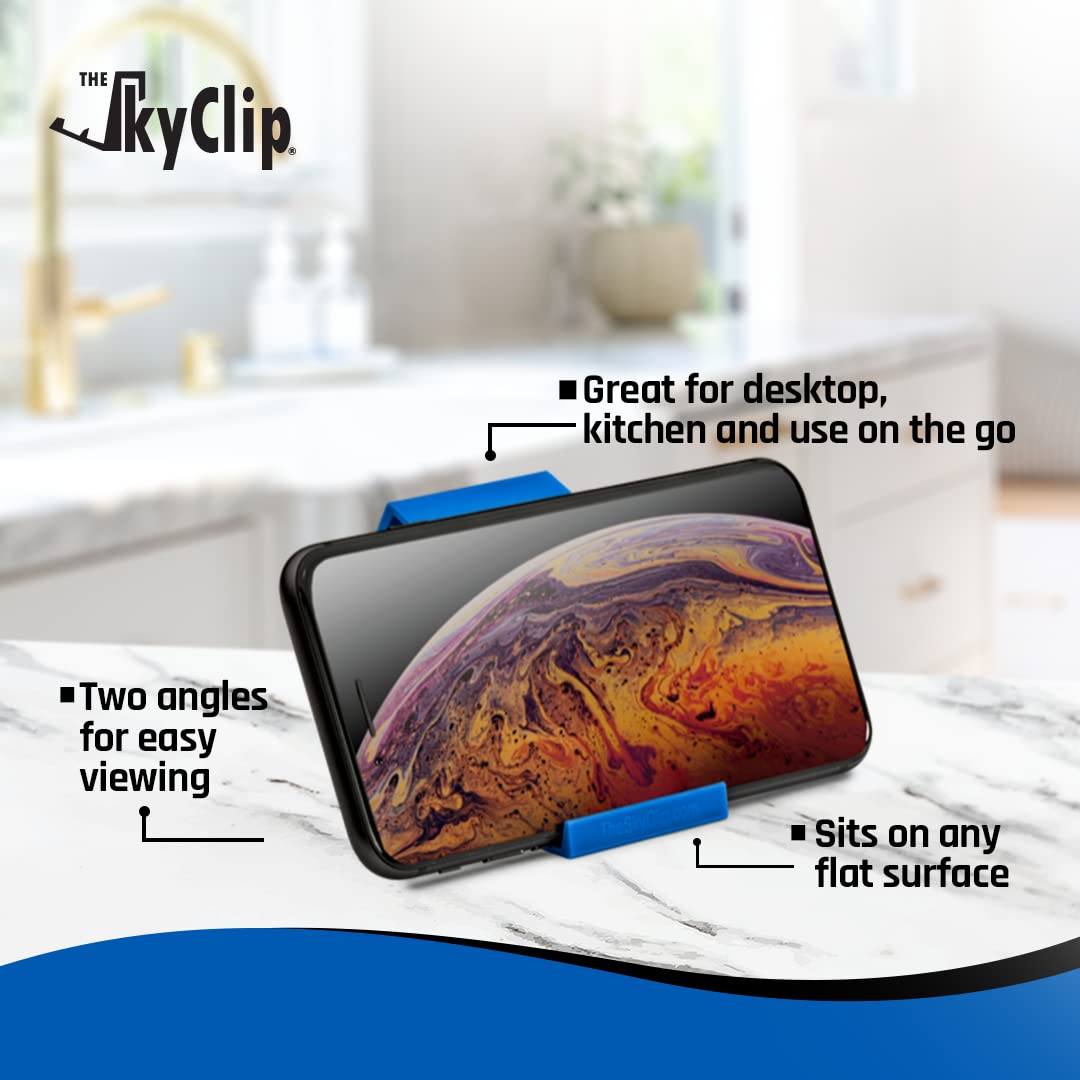 SkyClip Airplane Phone Holder - Secure Back of Seat Tray Table Clip & Durable Stand for iPhone, Android, Tablets - Perfect for Inflight Entertainment & Travel Accessories (Blue, 2 Pack) - Ideal for Watching Movies, Reading eBooks & Hands-Free Use on Flights