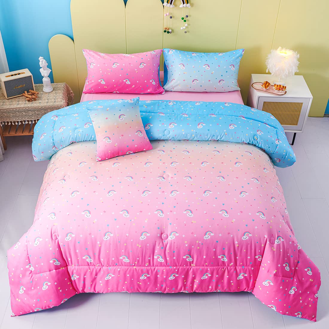Pink Blue Gradient Stars Cloud Comforter Set for Girls - 6 Piece All Season Microfiber Fluffy Bedding Set (Queen Size) - Soft & Cozy Comforter with Sheets for Kids' Bedroom, Dorm Room or Sleepover Party