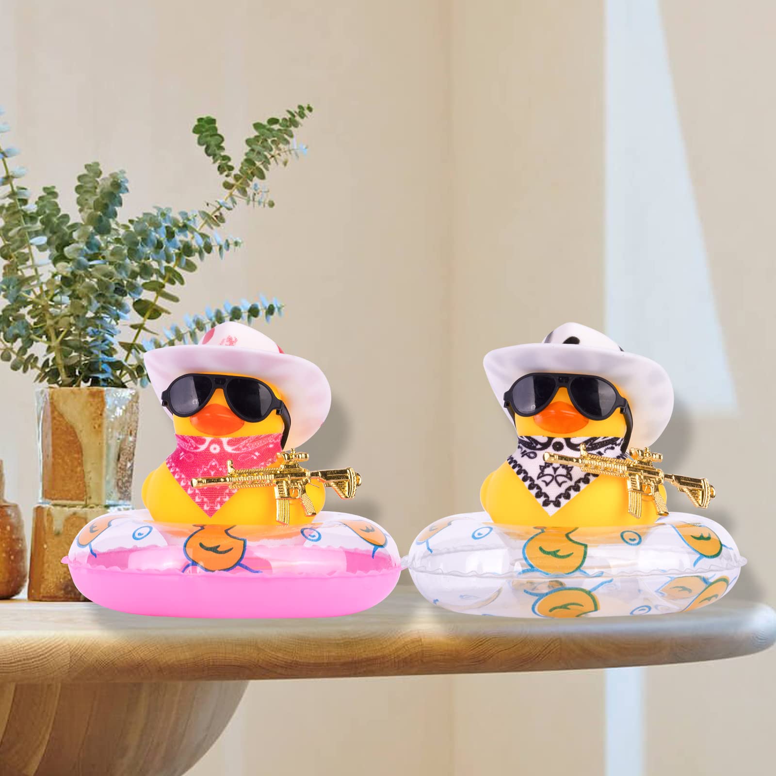 Funny Cowboy Duck Car Dashboard Decorations - Mini Rubber Duck with Swim Ring, Sun Hat, Sunglasses & Scarf - Cute Car Accessories for Dashboard, Office Desk or Party Decor