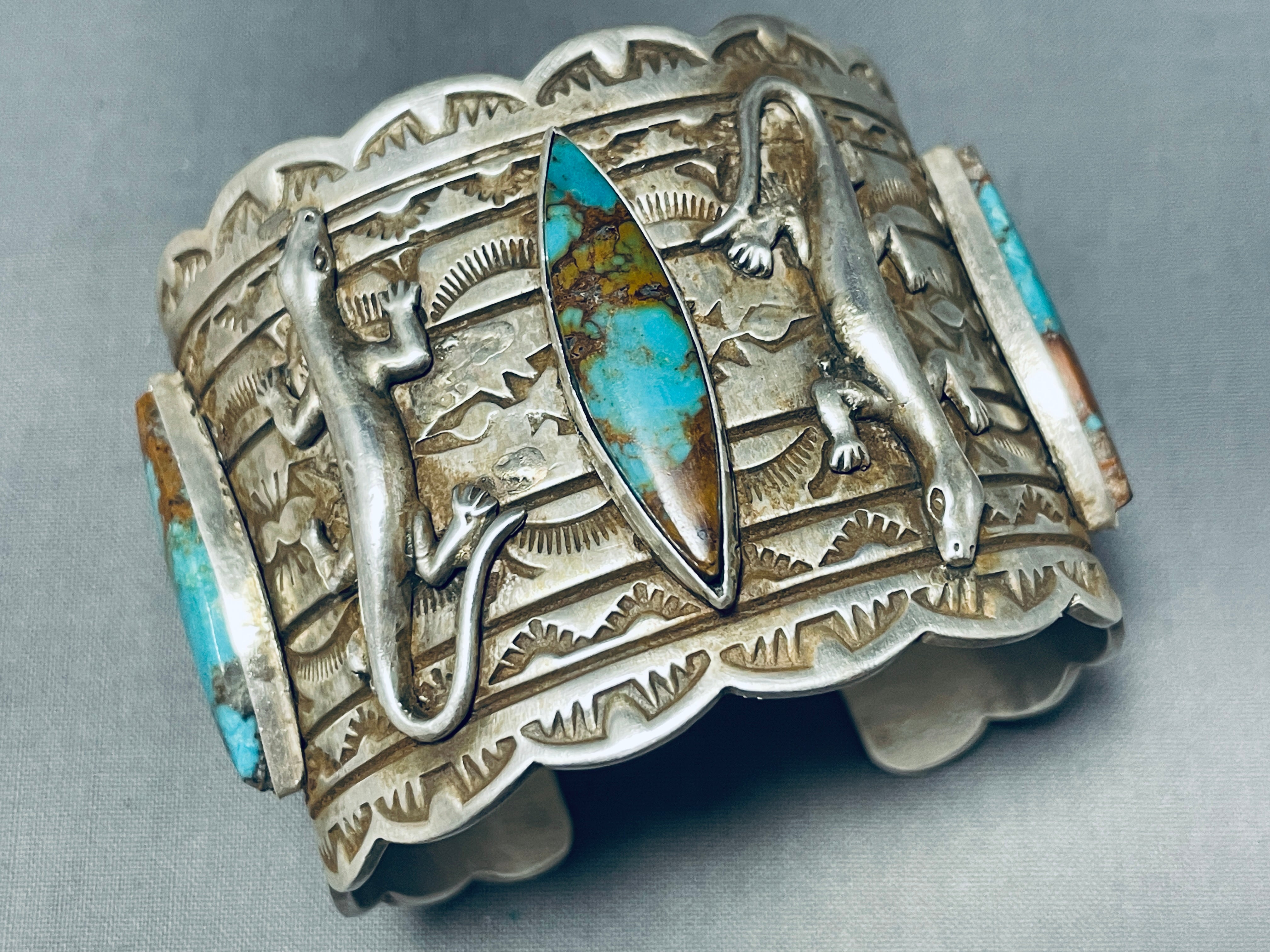 Authentic Navajo Sterling Silver Gecko Bracelet with 100+ Gram Royston Turquoise – Handmade Native American Jewelry for Women, Boho Fashion, Gift Giving & Special Occasions