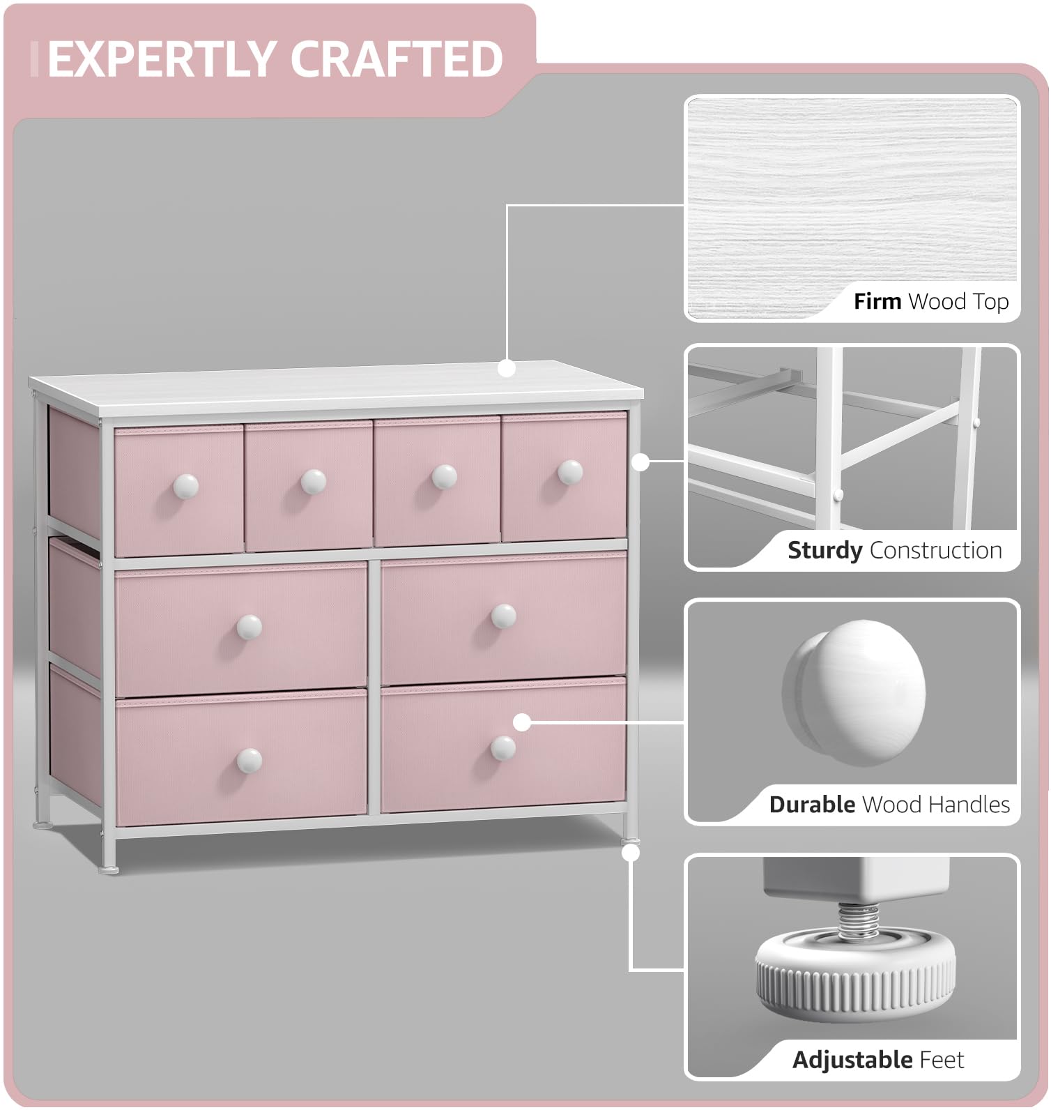 Sorbus 8-Drawer Fabric Dresser for Kids - Pastel Pink Storage Tower with Steel Frame & Knob Handles | Kids Bedroom, Nursery, Playroom & Closet Organizer for Clothes, Toys & Accessories