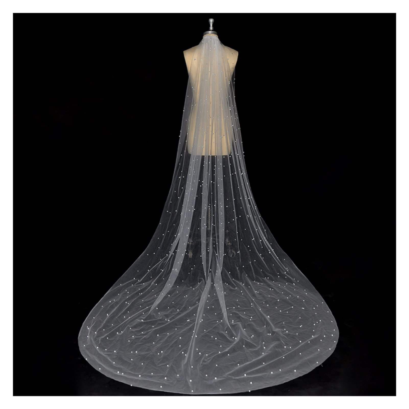 SYLPPKY White Ivory Pearl Beaded Bridal Veil with Comb - One Layer Cathedral Wedding Veil (500cm) - Perfect for Church Weddings, Bridal Showers & Formal Ceremonies