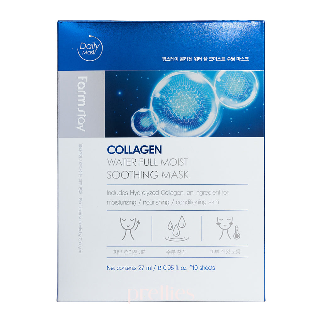 Farmstay Collagen Water Full Moist Soothing Face Mask - Hydrating & Nourishing Sheet Mask (10 Sheets/Box) for Dry Skin Care & Daily Skincare Routine