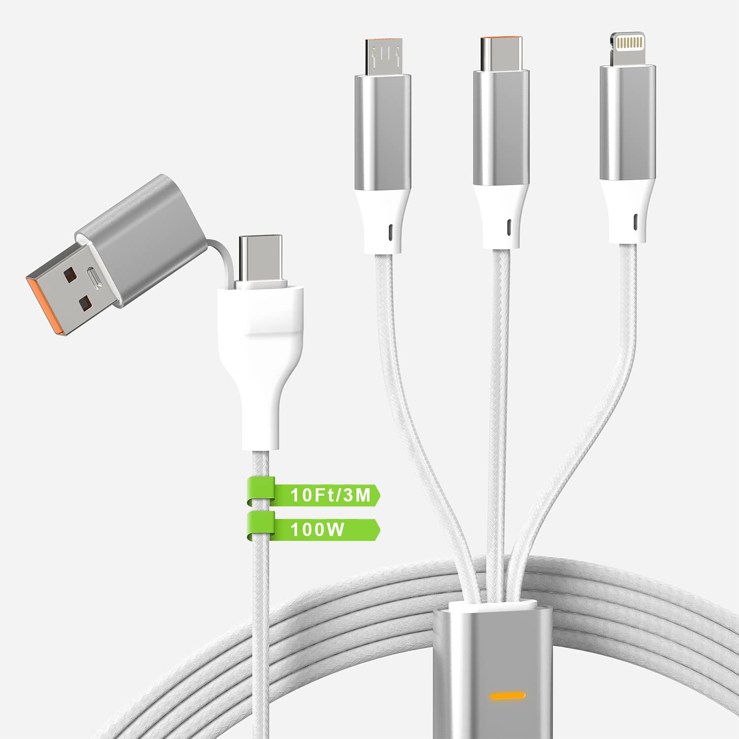100W USB C to Multi Charging Cable - 10Ft USB C/A to 3-in-1 Fast Charger Cable [MFi Certified] with Type C, Micro USB & Lightning Connectors for iPhone, iPad, MacBook, Samsung - Perfect for Travel, Office & Home Charging