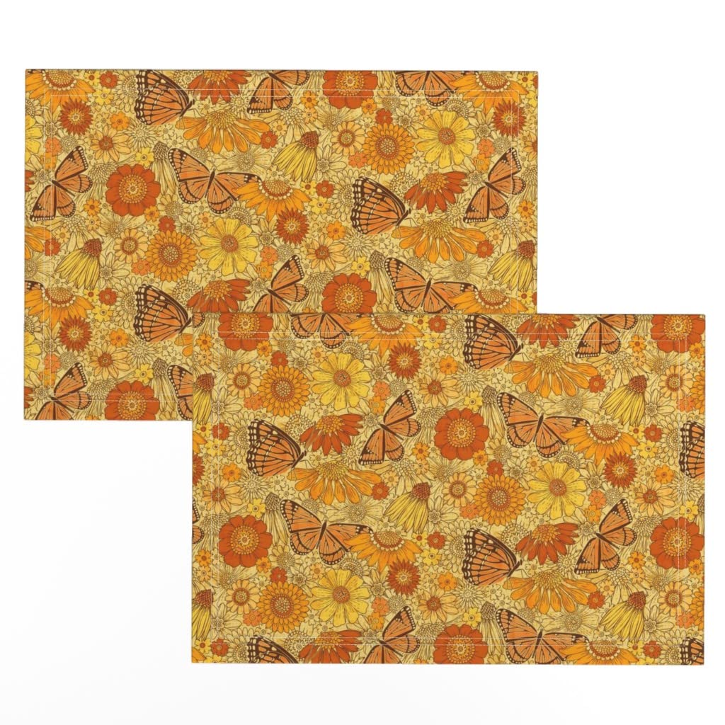 Vintage Floral Butterfly Print Linen Cotton Canvas Placemats Set of 2 - Nature Inspired Retro Orange Bug Design Table Mats for Dining Room, Kitchen Decor & Party Table Setting