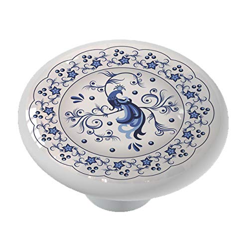 Blue Willow Peacock Ceramic Drawer Knob - Vintage Cabinet Pulls for Dresser, Kitchen, Bathroom - Handcrafted Decorative Hardware for Home Decor