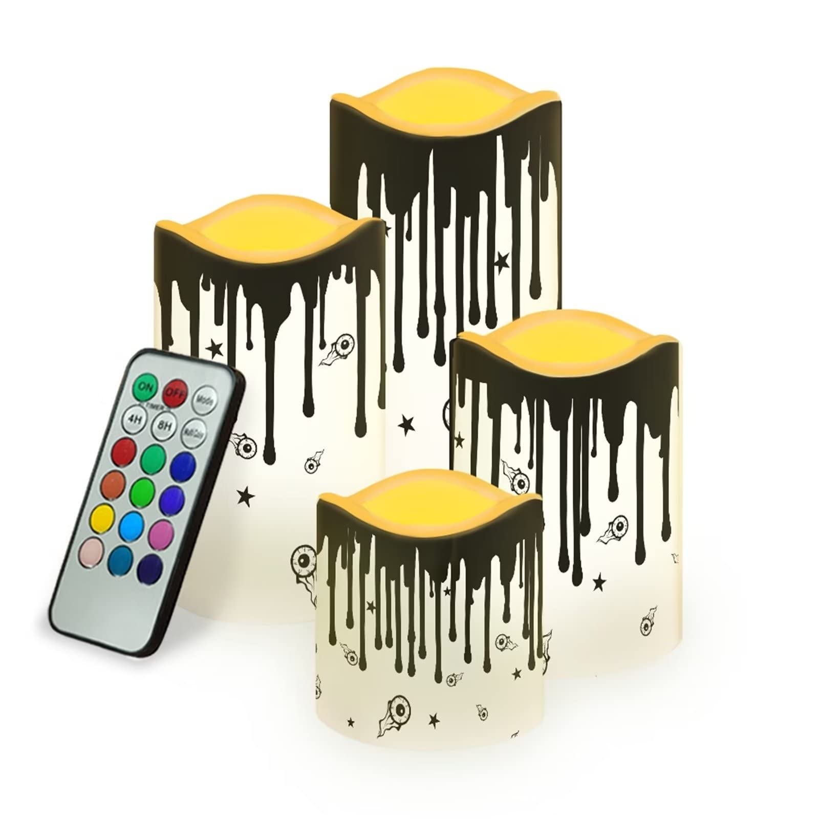 DISNIMO Halloween 4-Pack Multicolor LED Flameless Candles with Remote Control - Battery Operated Electric Candles for Home, Birthday, Garden, Party & Christmas Decorations - Perfect for Table Centerpieces, Window Displays & Holiday Ambiance