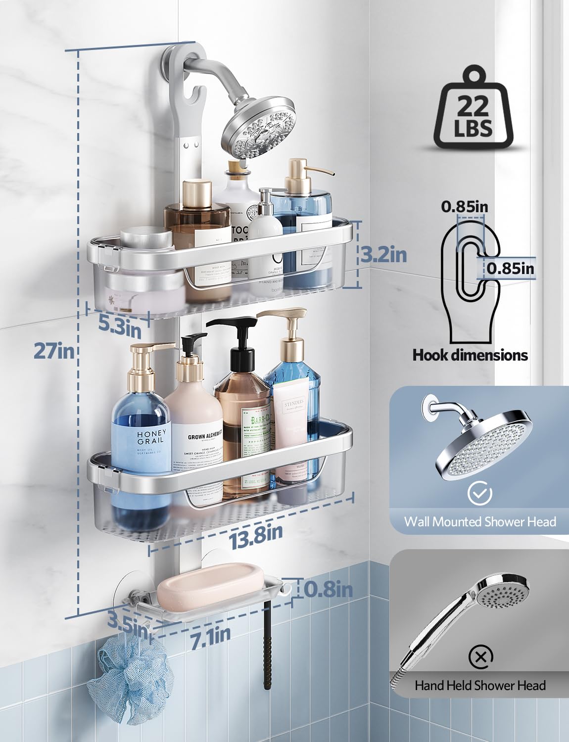 LAMU Adjustable Shower Caddy Hanging Organizer - 3-Tier Rust-Proof Aluminum Alloy + ABS Bathroom Storage with Hooks, Razor Holder & Soap Dish - Perfect for Small Spaces, Apartment & Dorm Showers (Silver)