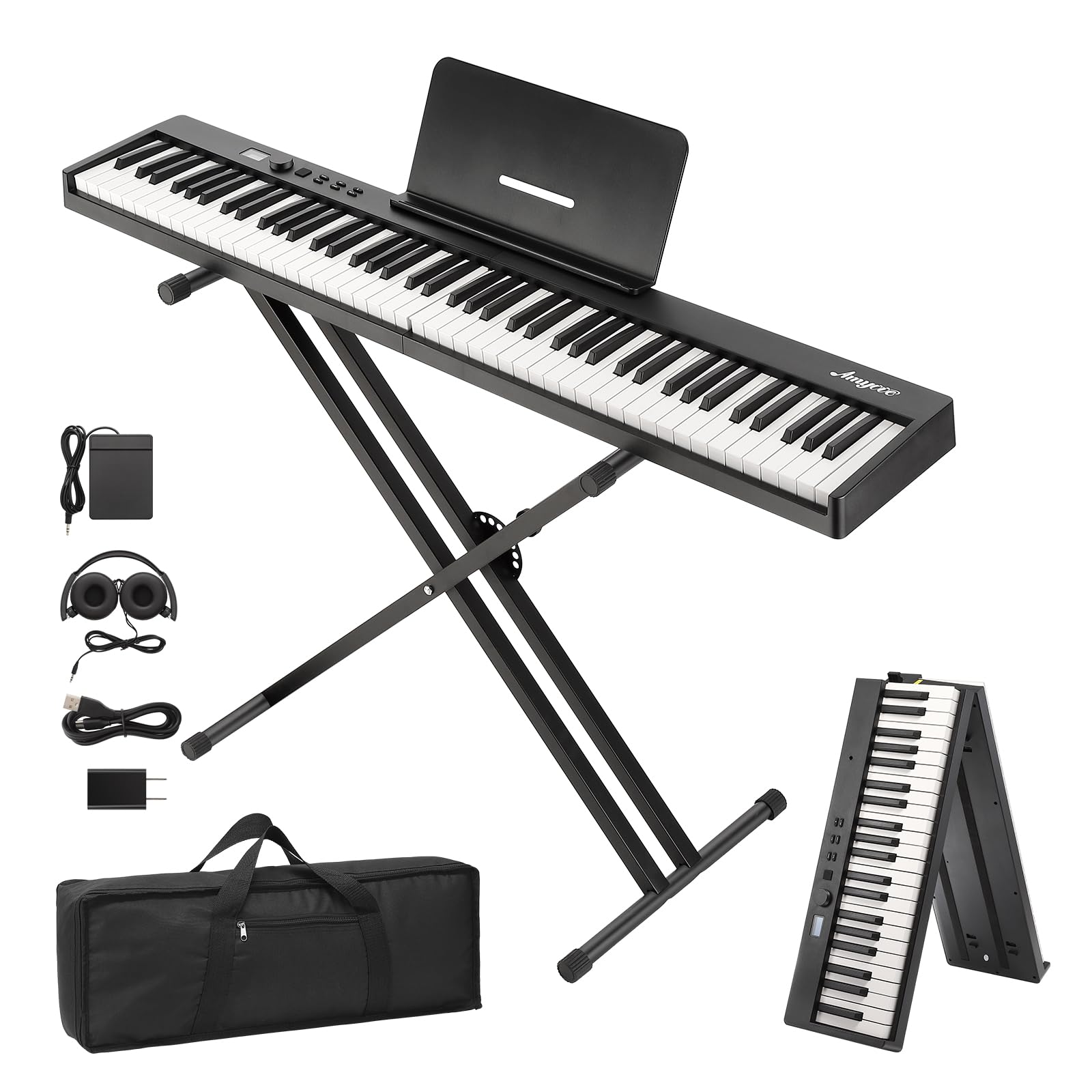 88-Key Folding Piano Keyboard - Full Size Semi Weighted Portable Digital Piano with Stand, Sustain Pedal, Headphones & Carrying Bag | Bluetooth MIDI USB Connectivity | Perfect for Beginners, Home Practice & Travel Use