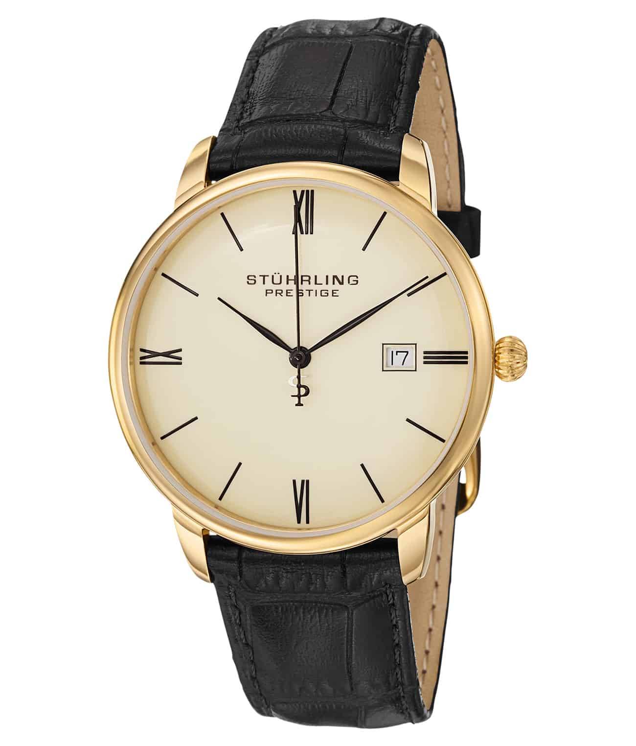 Ivory Dial / Gold Case / Black Leather Strap Yellow Gold Layered Tang Buckle