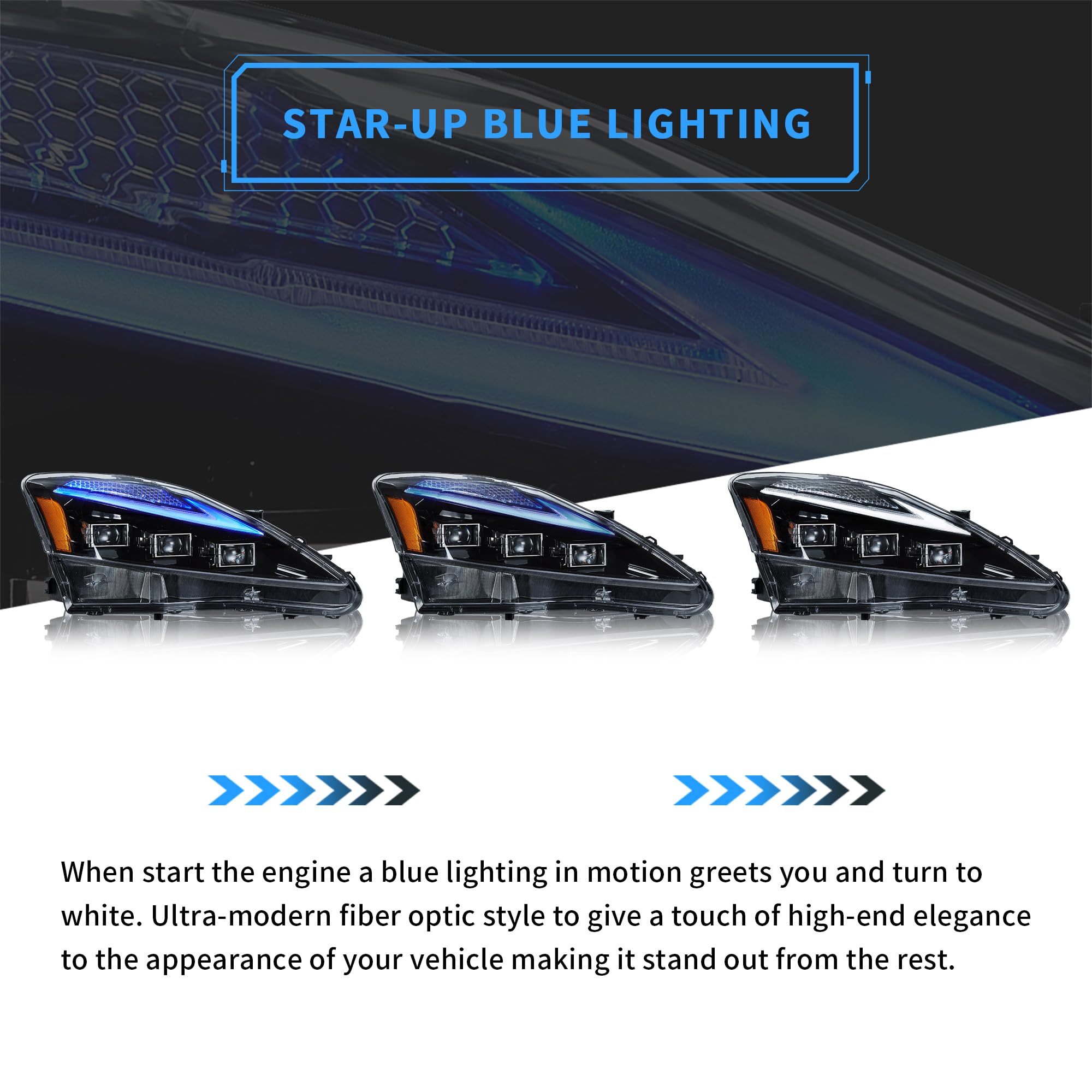 VLAND LED Projector Headlights for Lexus IS250/IS350 2006-2014 - Blue Lighting & Turn Signal for Night Driving
