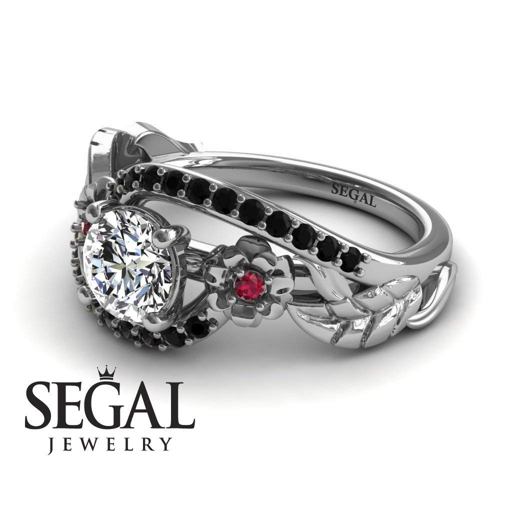 14K White Gold Unique Engagement Ring with White Diamond, Ruby & Black Diamond in Floral Leaf Design - Perfect for Proposals, Anniversaries & Special Occasions
