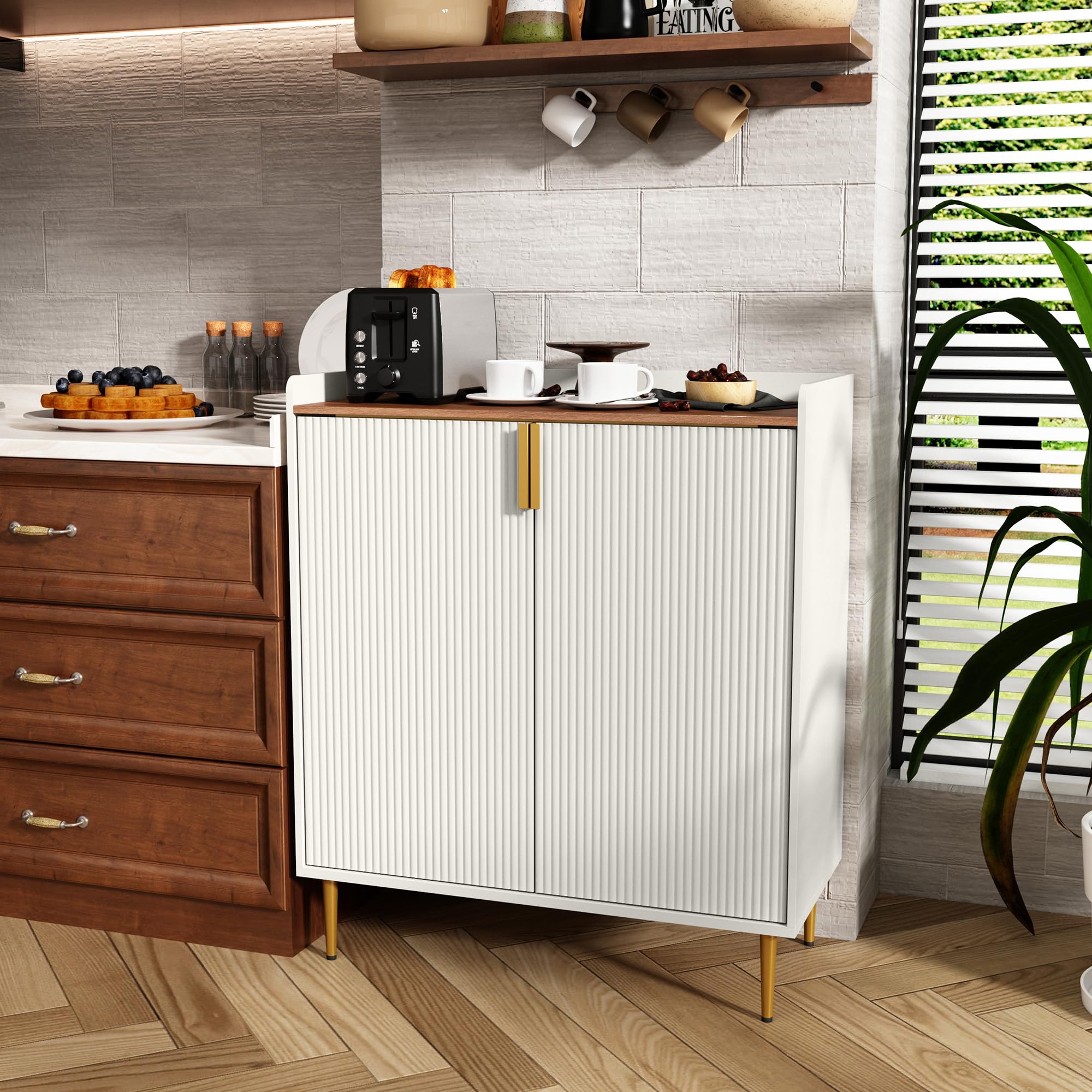 Modern White Wine Bar Cabinet with Fluted Texture - Freestanding Kitchen Buffet Sideboard with Wine Rack & Glass Holder for Dining Room, Living Room | Perfect for Home Entertaining, Wine Storage & Stylish Kitchen Organization