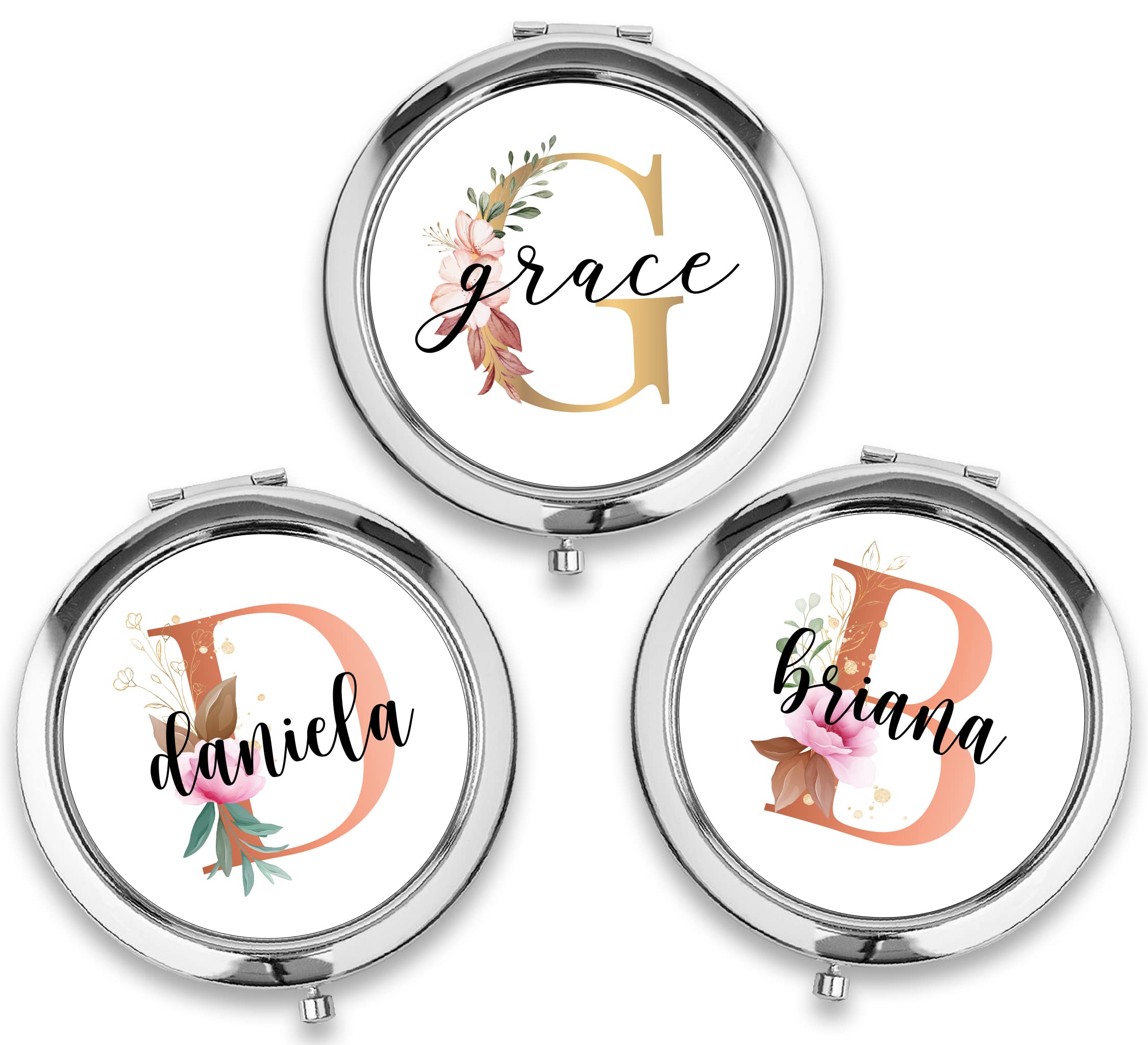 Personalized Floral Compact Mirror - Bridesmaid Gift for Travel & Weddings