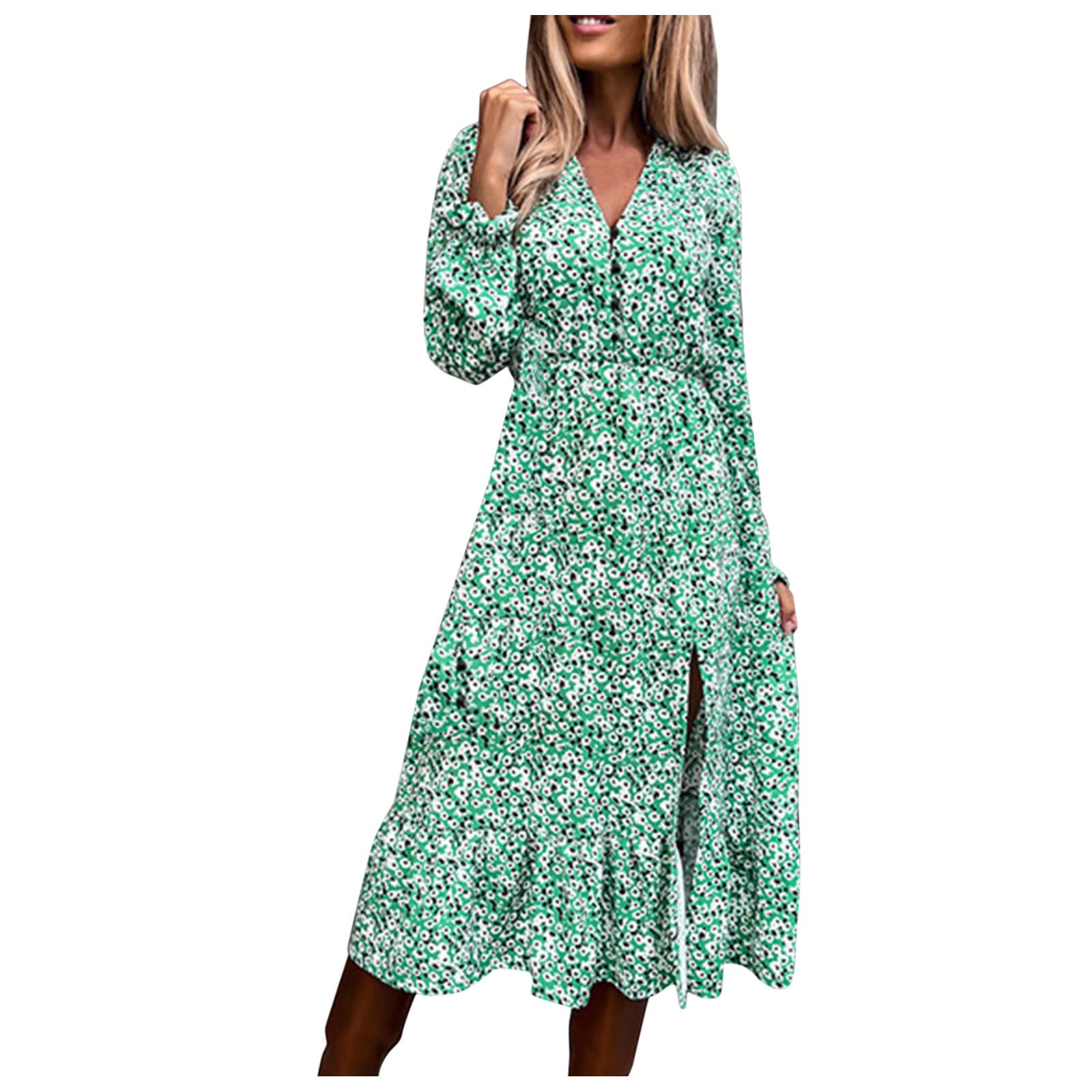 Women's White Summer Dress with Dot Print - Long Sleeve Bandage Button Casual Beach Dress for Outdoor, Vacation & Party Wear