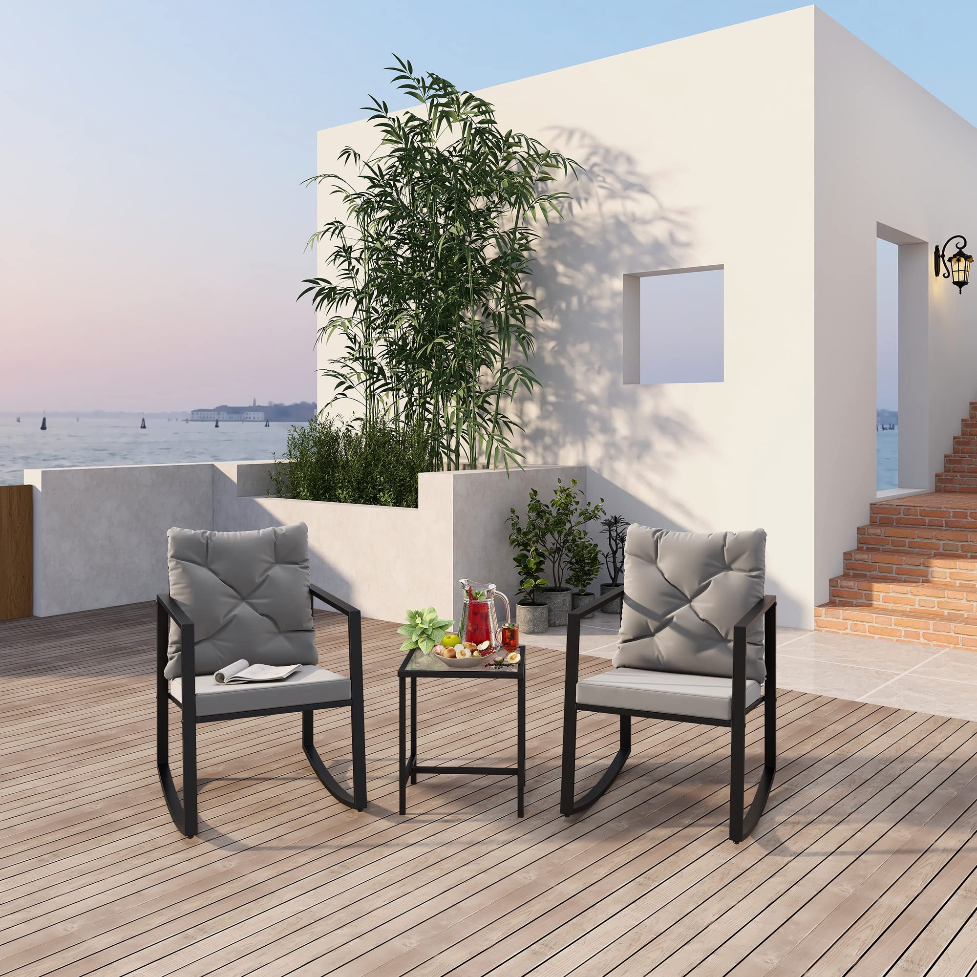 3-Piece Patio Furniture Set - Modern Outdoor Rocking Chairs with Cushions & Coffee Table - Gray Conversation Set for Garden, Yard, Bistro & Backyard Relaxation