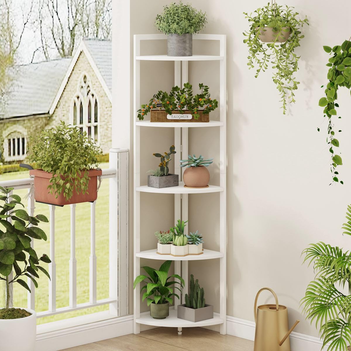 FATORRI 5-Tier Tall Corner Shelf - Modern Wood & Metal Bookshelf for Living Room, Home Office - Corner Plant Stand, Bookcase - White Oak - Perfect for Small Spaces & Stylish Storage