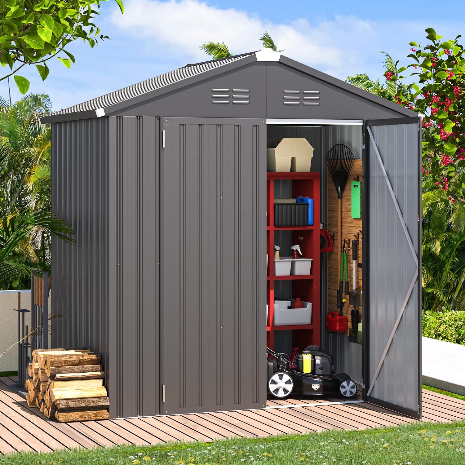 AECOJOY 6' x 4' Dark Grey Metal Storage Shed - Outdoor Utility & Garden Shed with Lockable Doors for Backyard, Patio, Lawn Equipment & Tool Organization | Weatherproof & Durable for Year-Round Use