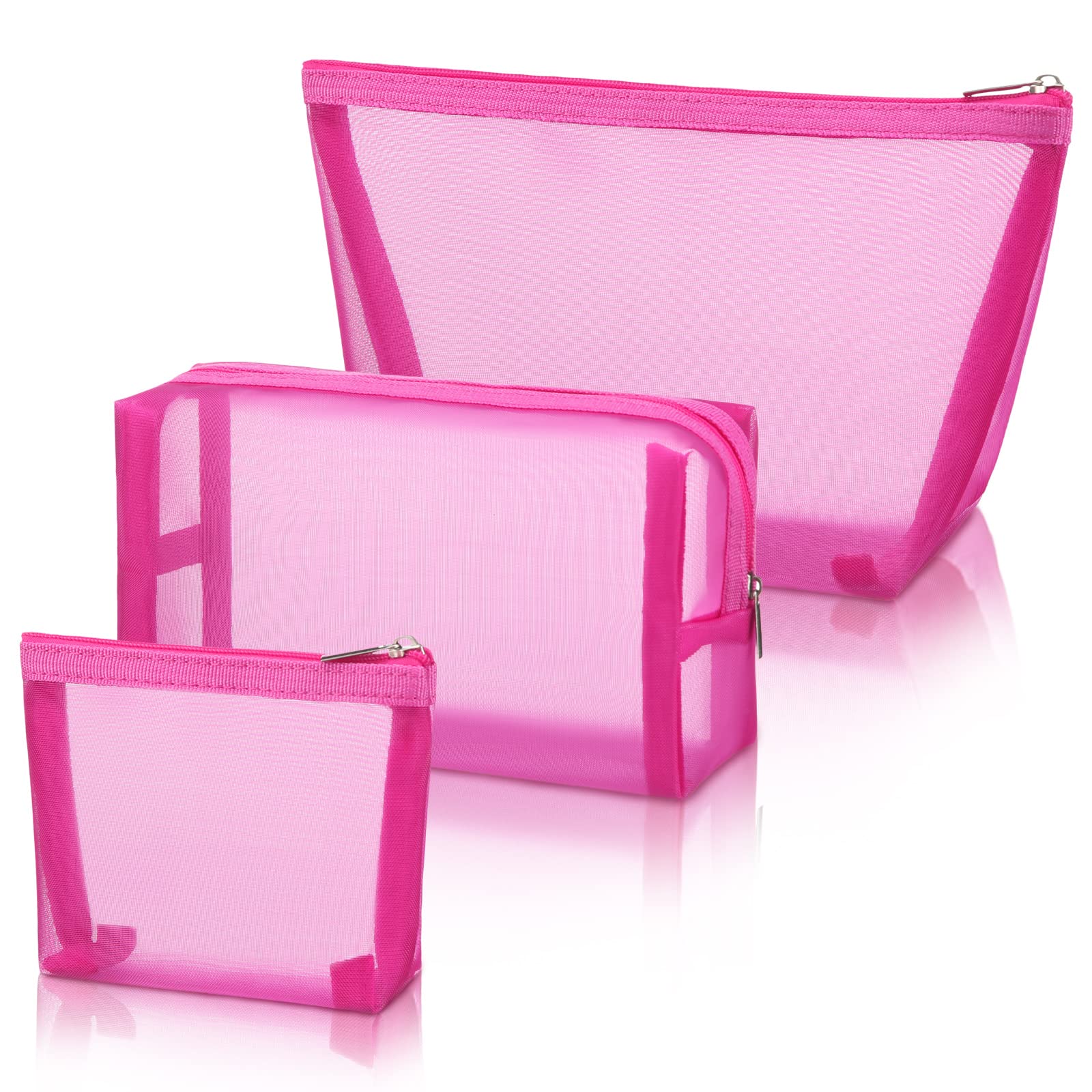 3-Piece Mesh Cosmetic Bags Set - Breathable Makeup Organizer with Zipper for Travel, Office & Daily Use (Rose Red, 3 Sizes) - Perfect for Toiletries, Jewelry Storage & Gym Essentials