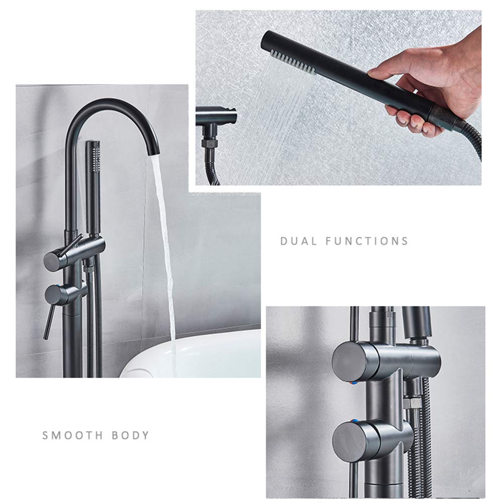 Freestanding Bathtub Faucet with Hot & Cold Water - Brass Double Handle Bath Shower Mixer - Floor Mounted Tap with Handheld Shower - Brushed Gold Finish - Perfect for Modern Bathroom & Spa Relaxation