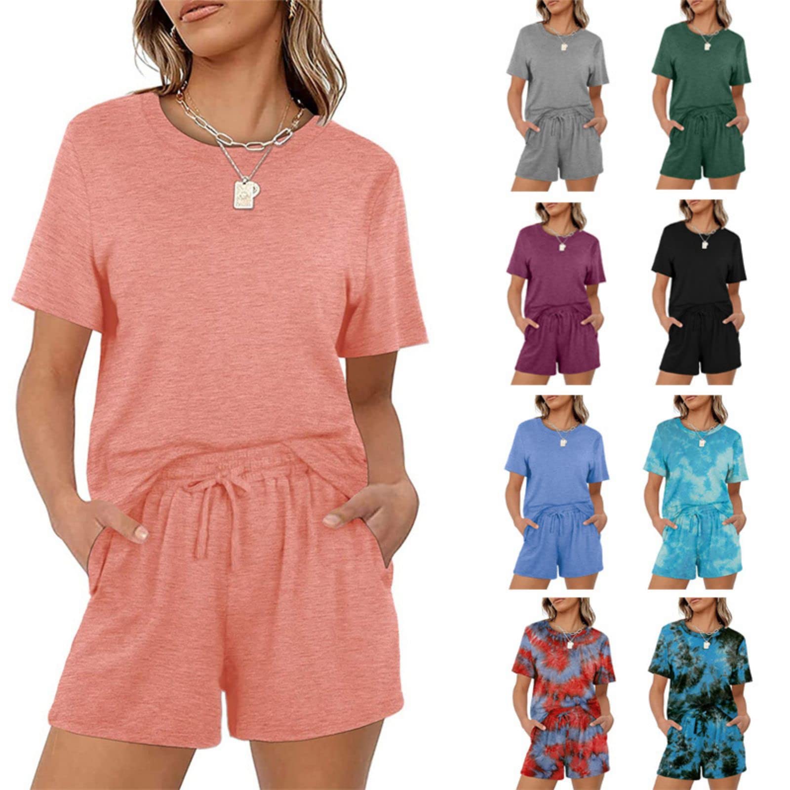 Women's Casual Summer Two-Piece Outfit Set - Printed Short Sleeve Top & Lounge Shorts with Pockets | Comfortable Tracksuit for Home, Beach & Vacation