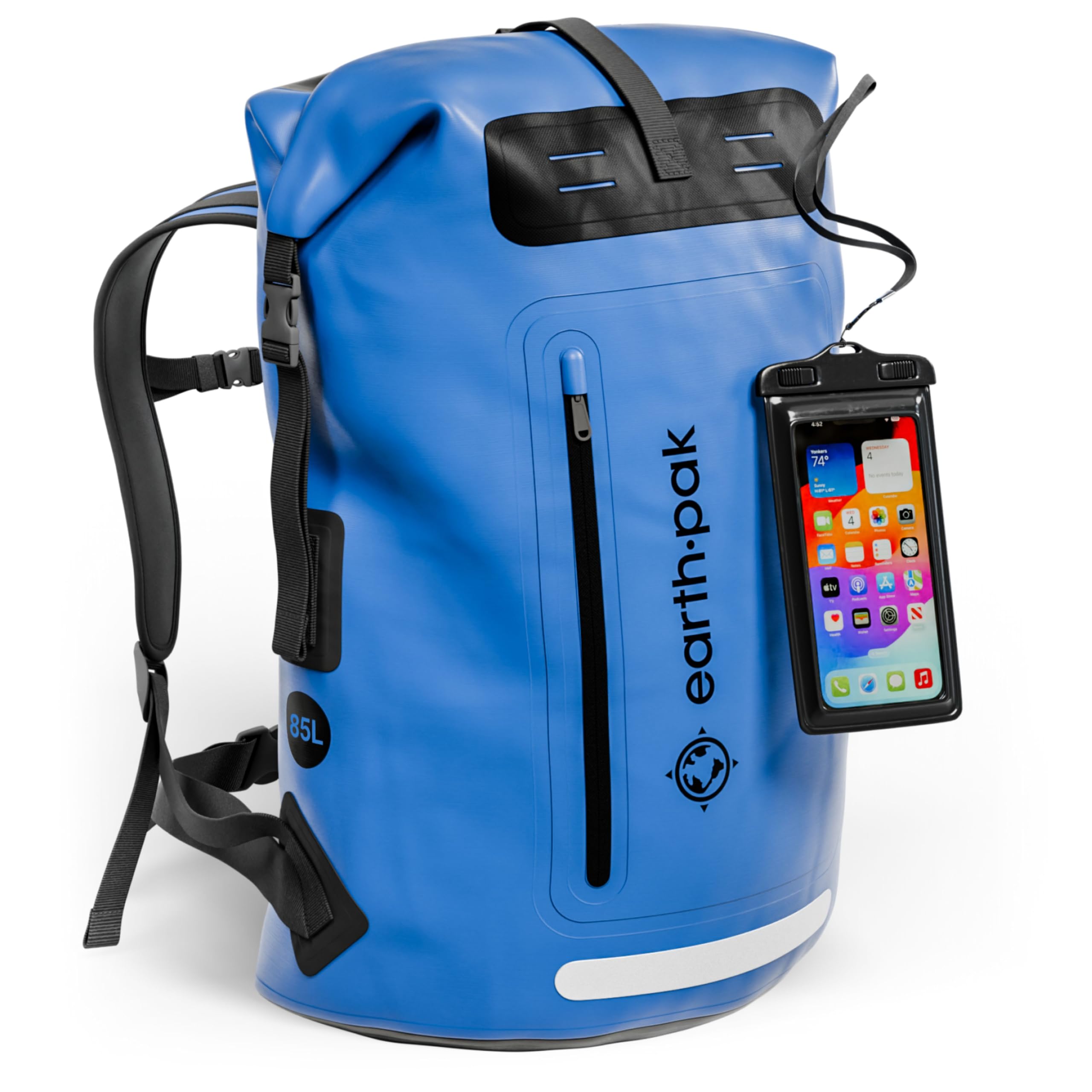 **Earth Pak 85L Waterproof Backpack - Heavy Duty Hiking & Kayak Dry Bag with Roll-Top Closure & IPX8 Waterproof Phone Case - Ideal for Camping, Travel, Beach & Outdoor Adventures (Blue)**