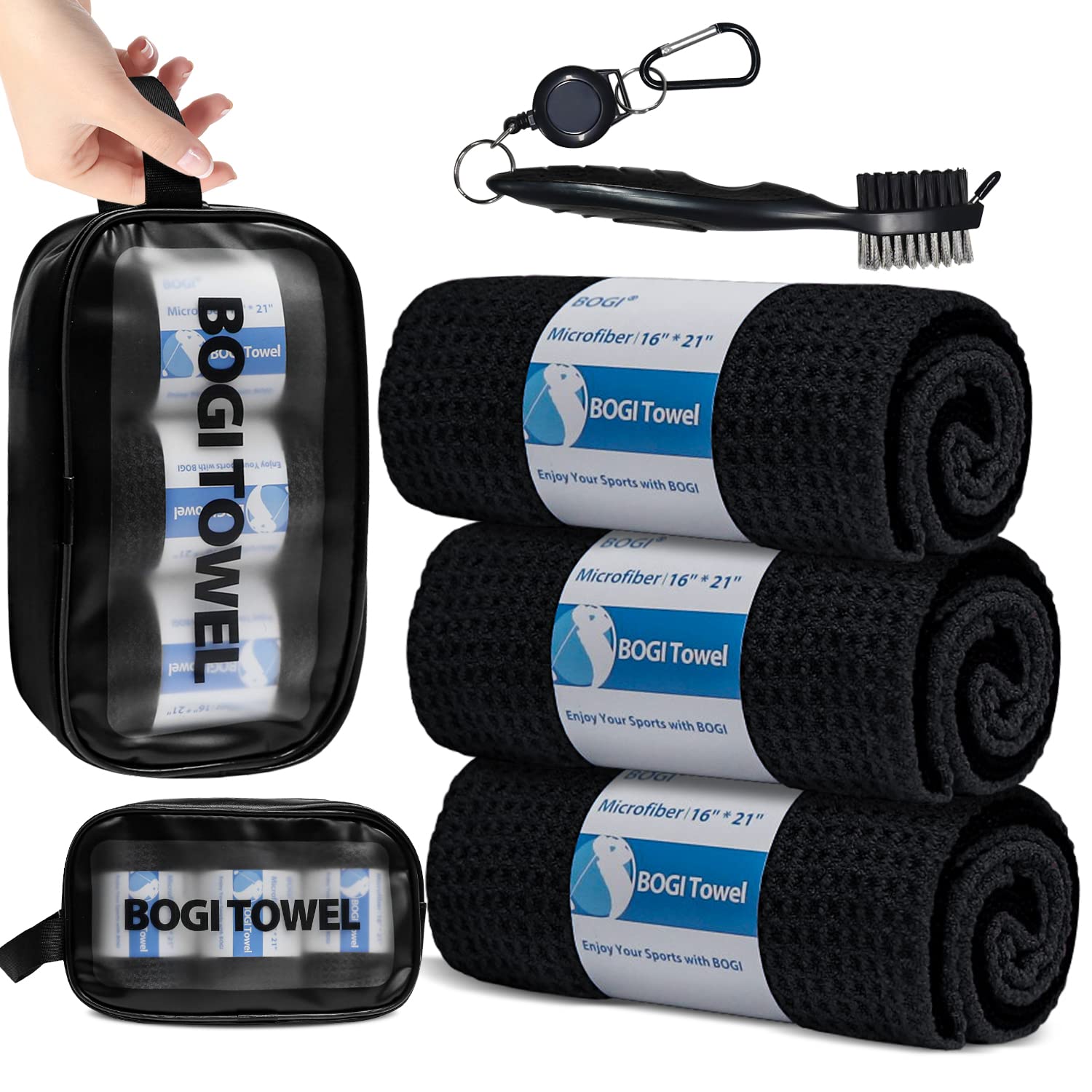 Premium 3-Pack BOGI Golf Towels for Men & Women - 21''x16'' Microfiber Waffle Pattern with Clip - Ideal for Golf Bags & Club Cleaning - Includes Brush Tool & Groove Cleaner - Perfect for Golf Practice, Tournaments & Course Play
