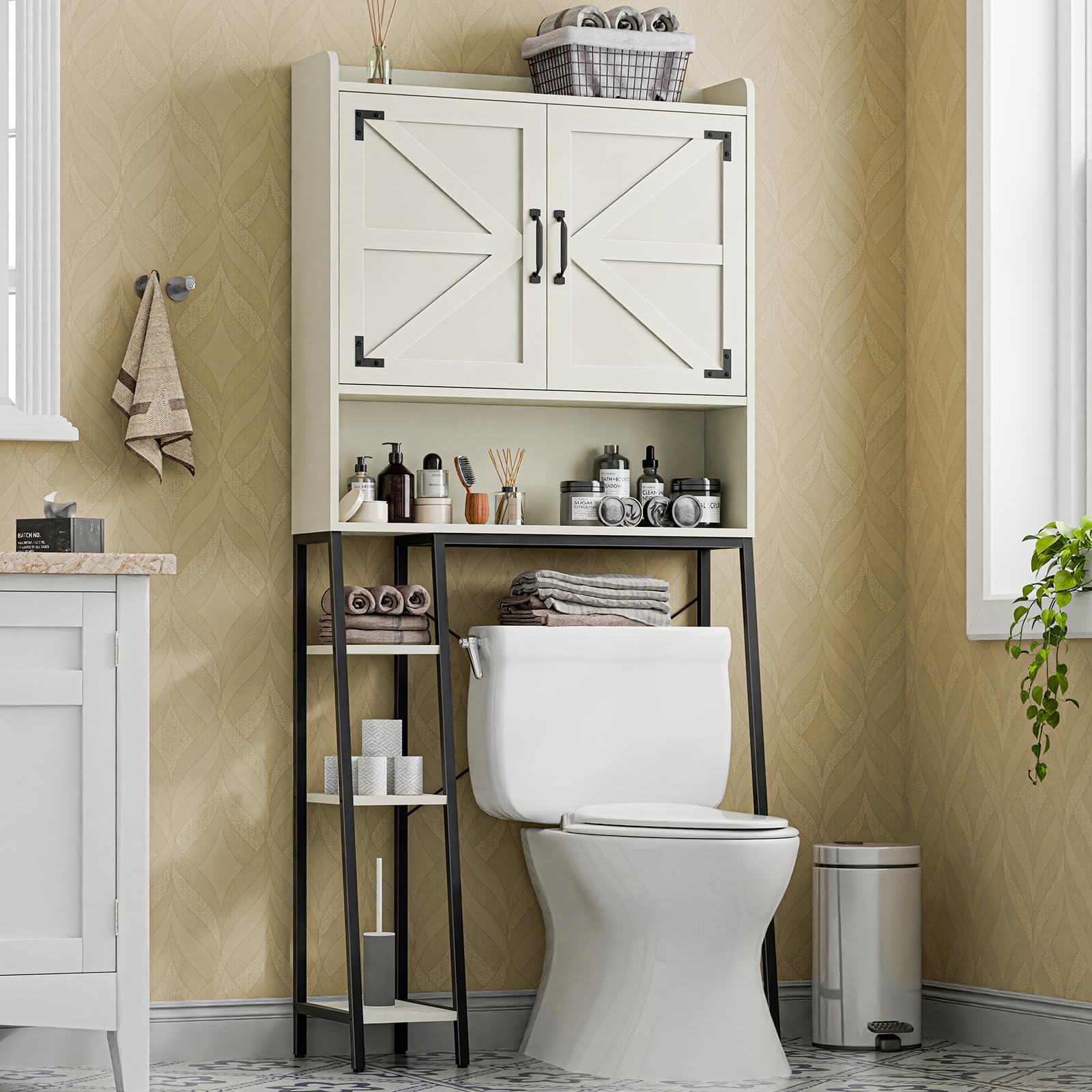 Farmhouse Over The Toilet Storage Cabinet with 2 Barn Doors & Toilet Paper Holder - Space-Saving Bathroom Organizer for Toiletries, Towels & Laundry Supplies - Perfect for Small Bathrooms, Restrooms & Powder Rooms